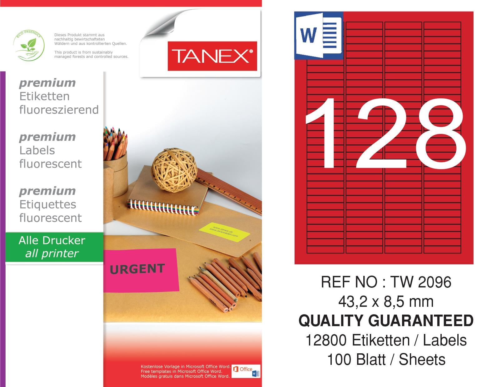 TW-2096 43,2x8,5 mm FLO KIRMIZI LASER ETİKET 