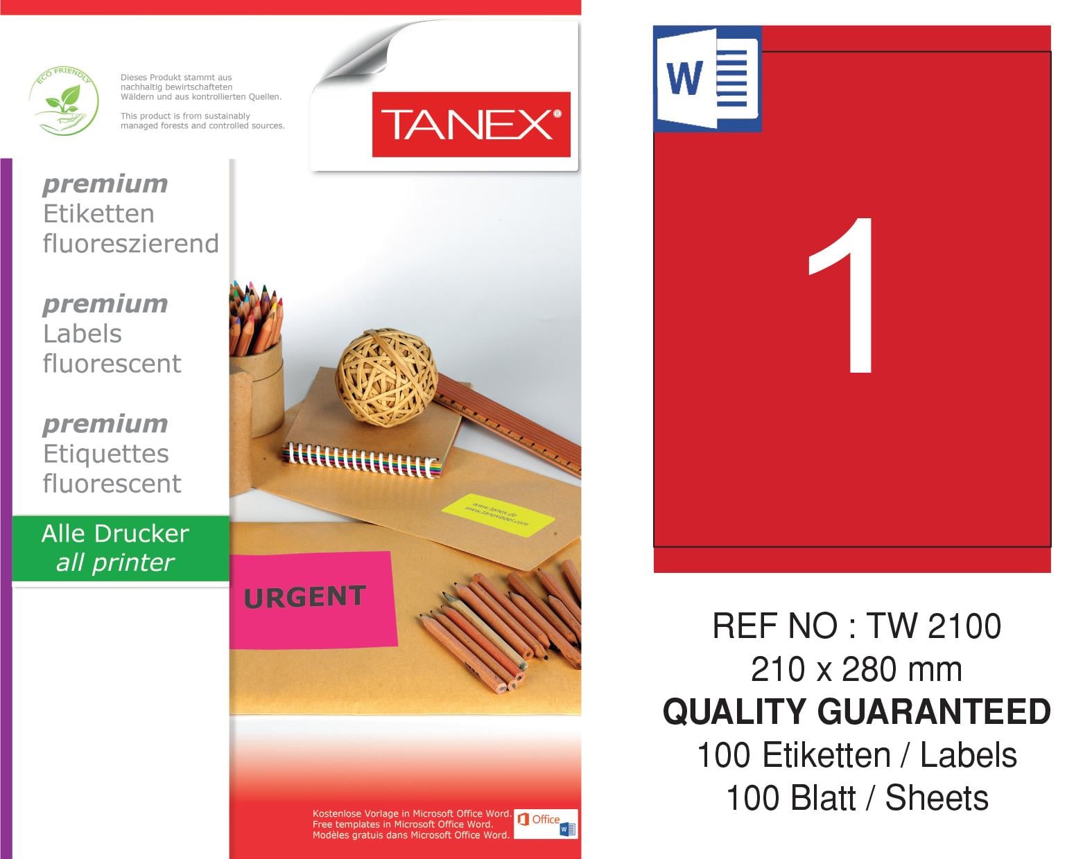 TW-2100 210x280 mm FLO KIRMIZI LASER ETİKET 