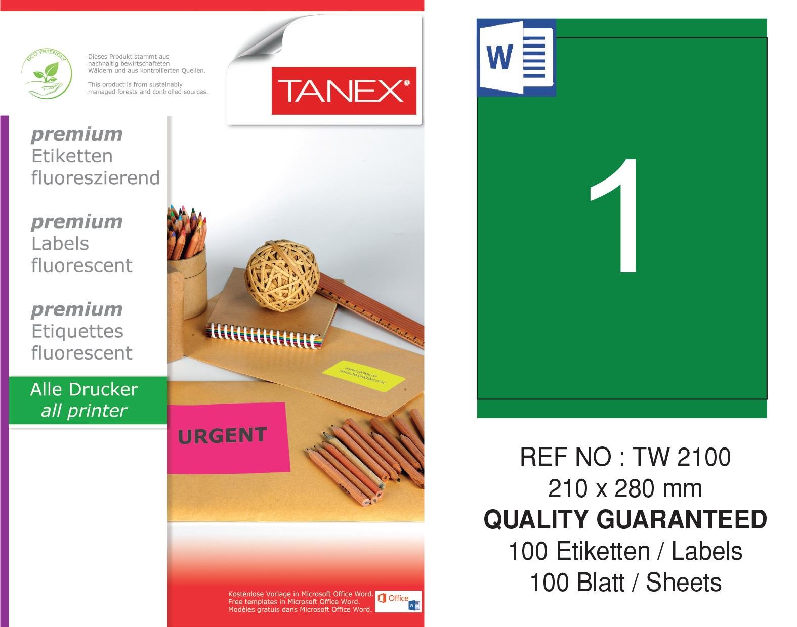 TW-2100 210x280 mm FLO YEŞİL LASER ETİKET 