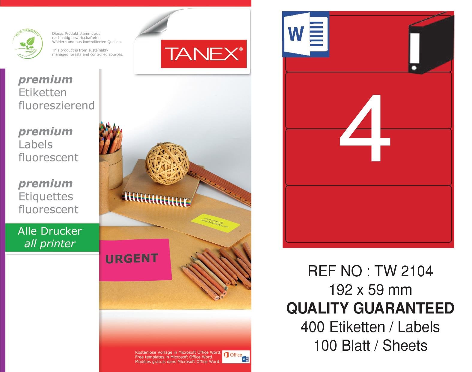 TW-2104 192x59 mm FLO KIRMIZI LASER ETİKET 