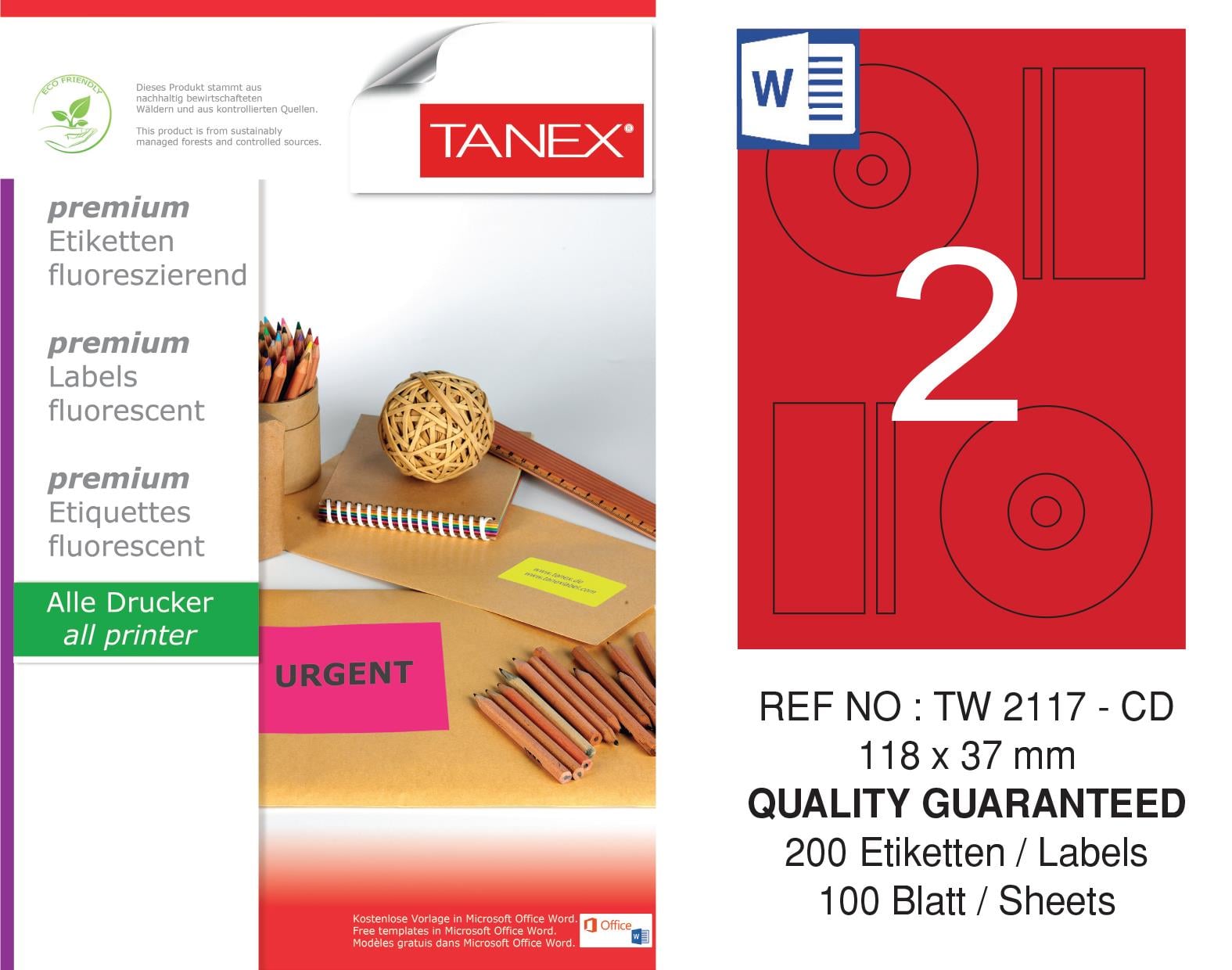 TW-2117 118x37 mm FLO KIRMIZI LASER ETİKET 