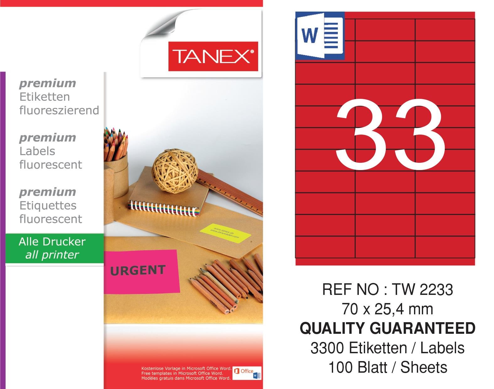 TW-2233 70x25,4 mm FLO KIRMIZI LASER ETİKET 