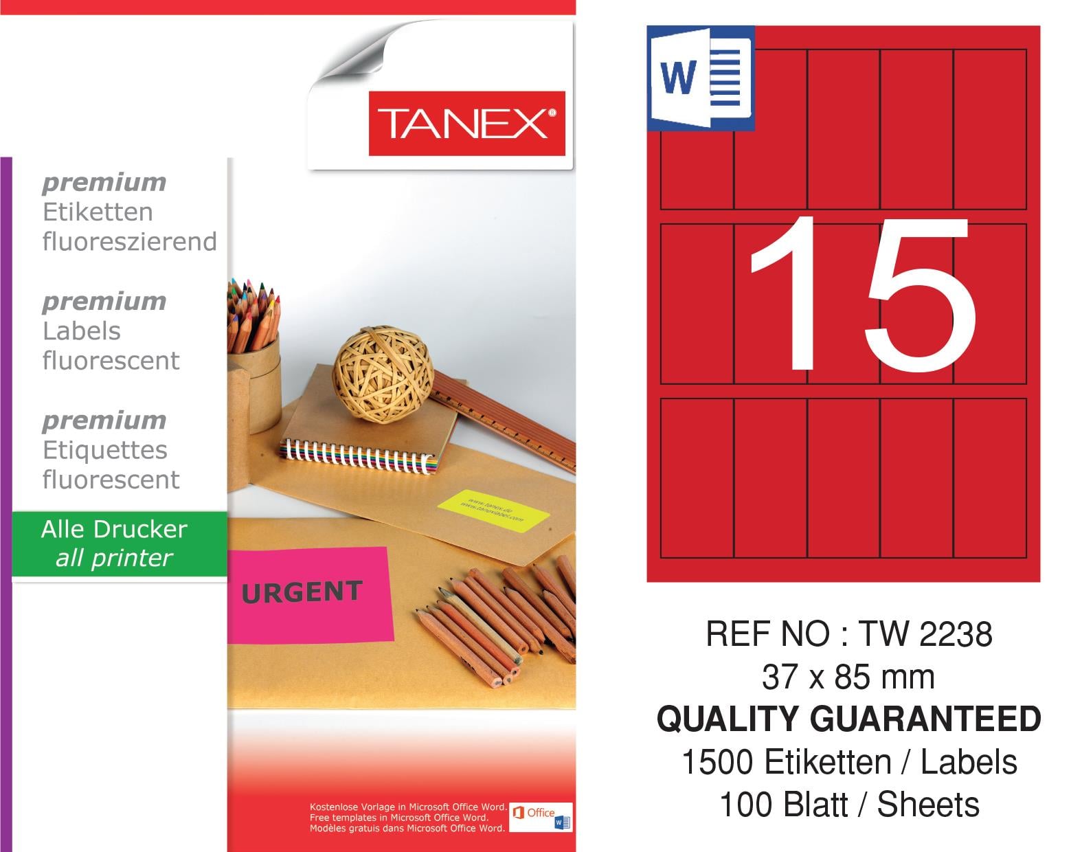 TW-2238 37x85 mm FLO KIRMIZI LASER ETİKET 