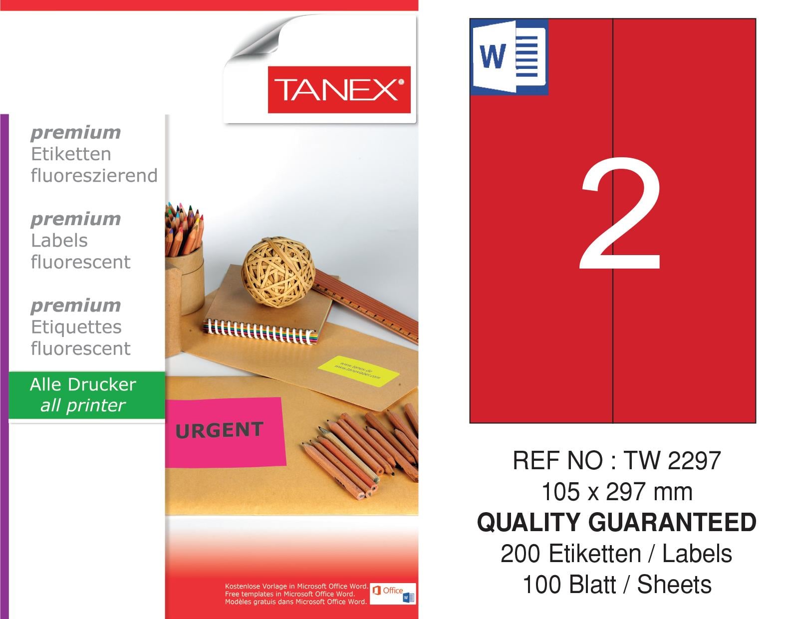TW-2297 105x297 mm FLO KIRMIZI LASER ETİKET 