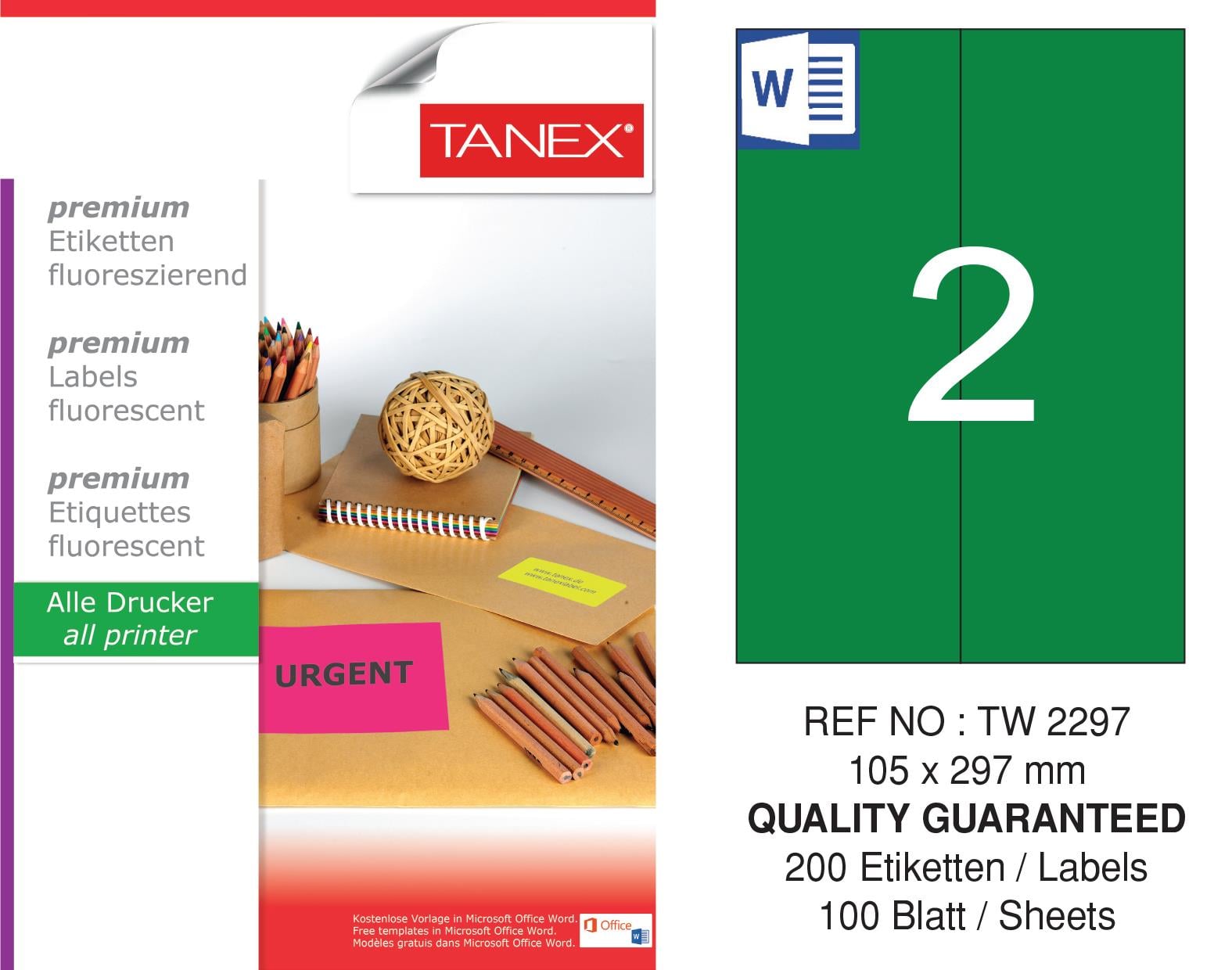 TW-2297 105x297 mm FLO YEŞİL LASER ETİKET 
