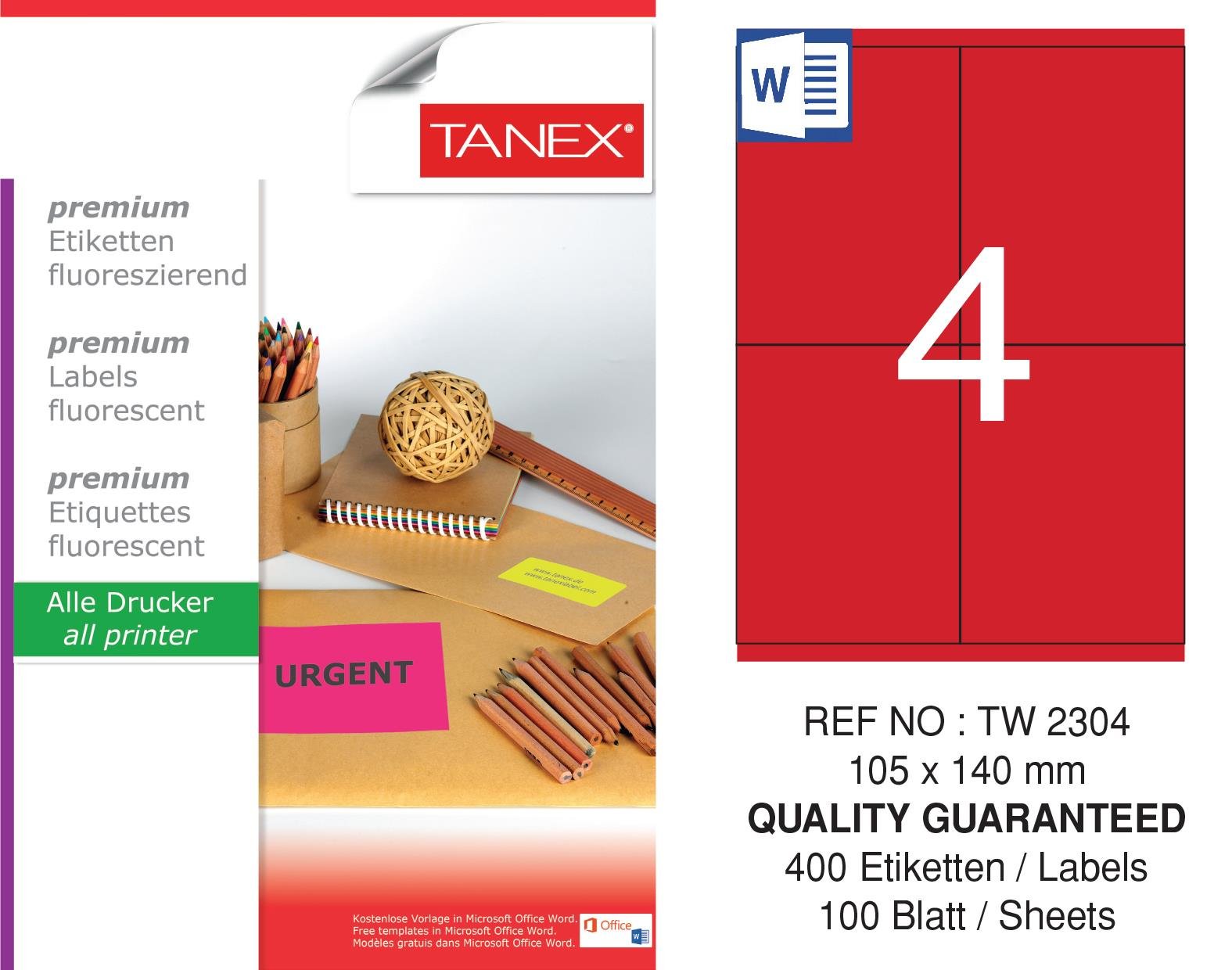 TW-2304 105x140 mm FLO KIRMIZI LASER ETİKET 