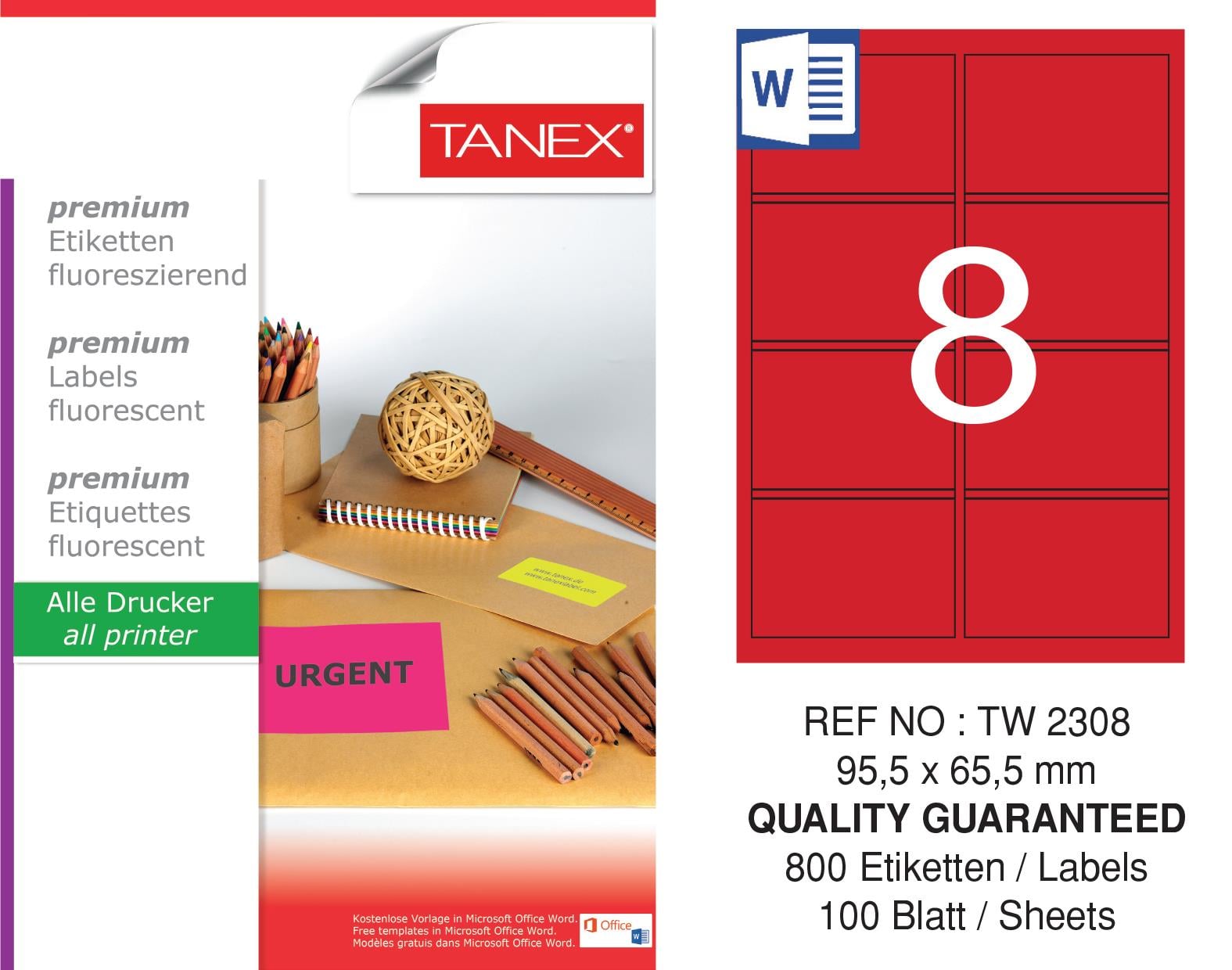 TW-2308 95,5x65,5 mm FLO KIRMIZI LASER ETİKET 