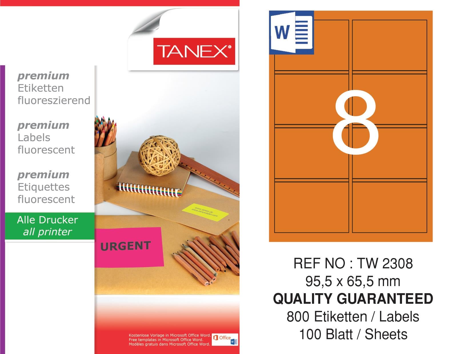 TW-2308 95,5x65,5 mm FLO TURUNCU LASER ETİKET 