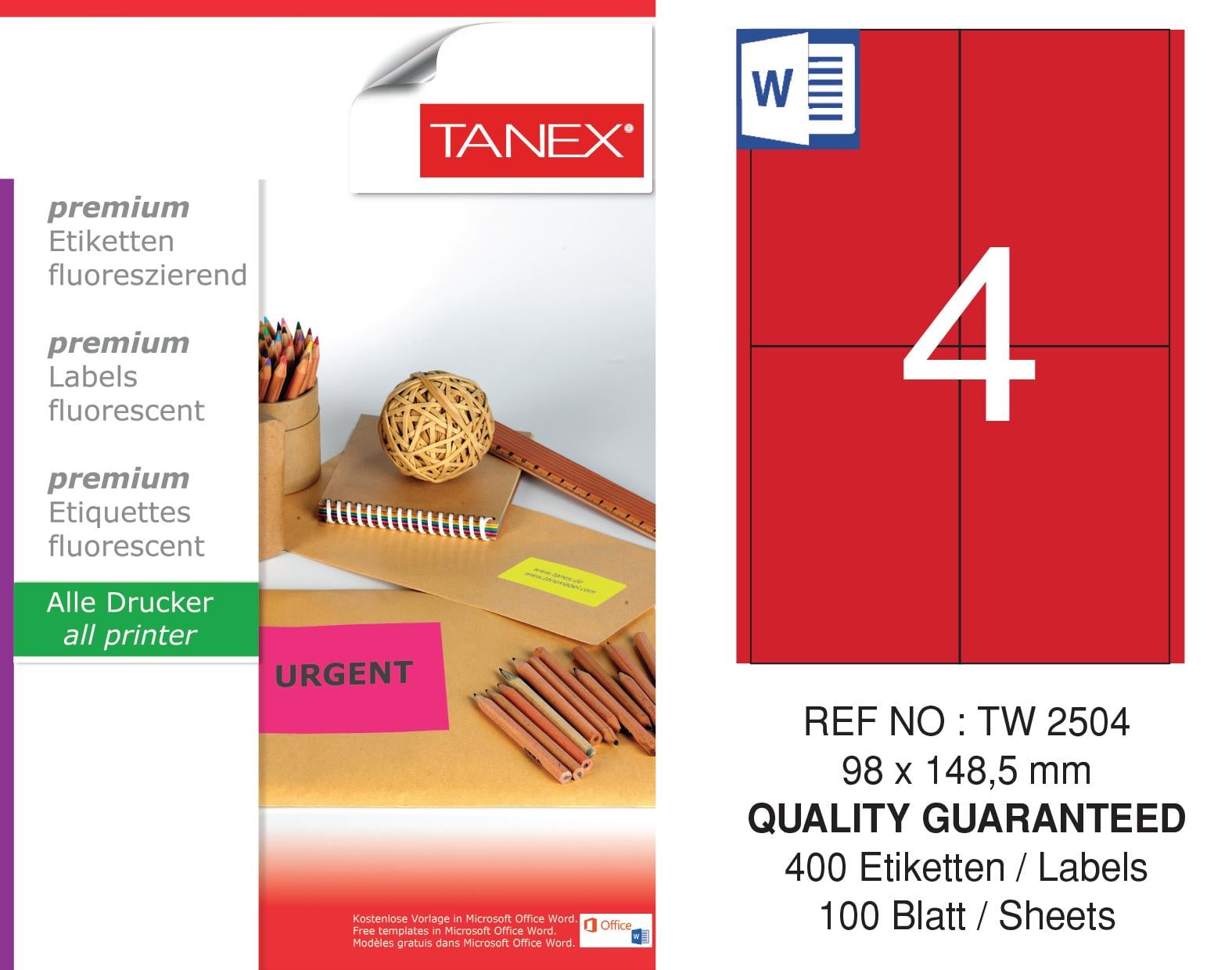 TW-2504 98x149 mm FLO KIRMIZI LASER ETİKET 