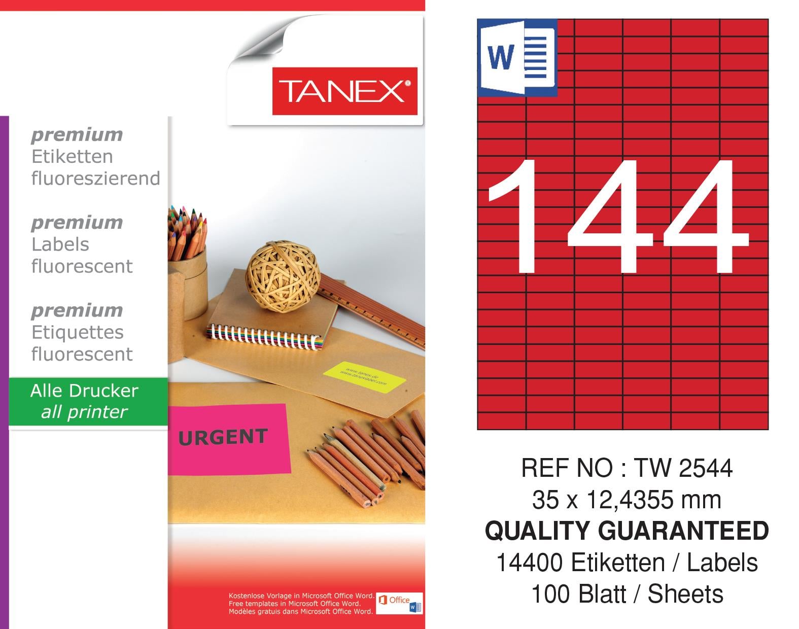 TW-2544 35x12,4355 mm FLO KIRMIZI LASER ETİKET 