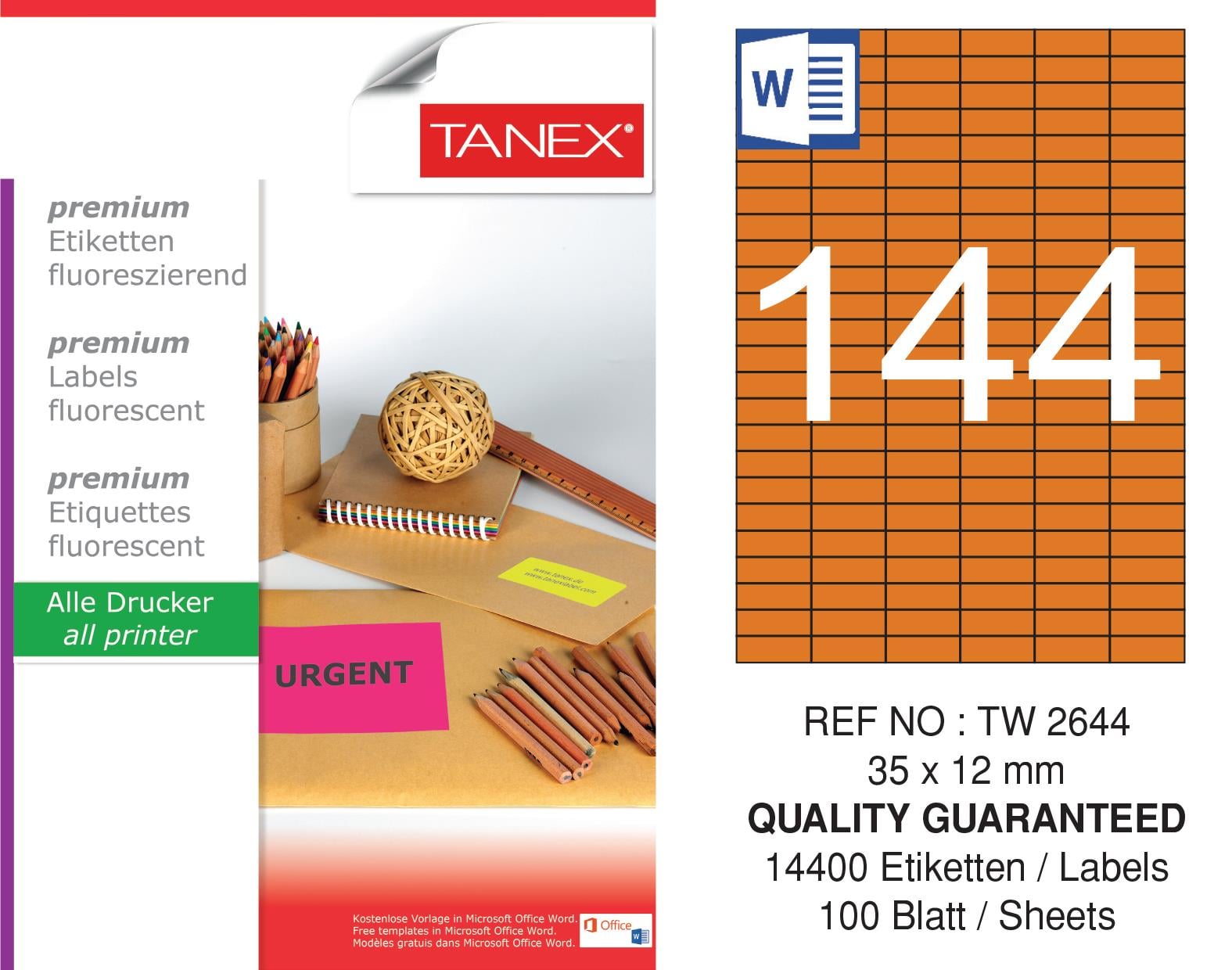 TW-2644 35x12 mm FLO TURUNCU LASER ETİKET 