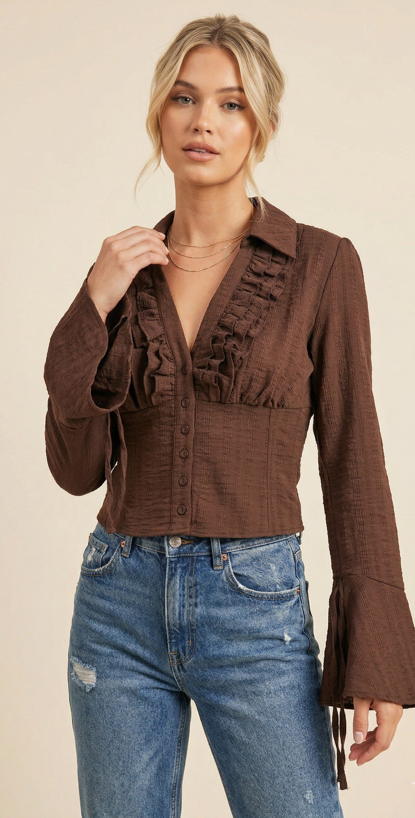 OLIVE-0983 BÜZGÜLÜ BLUZ KAHVE