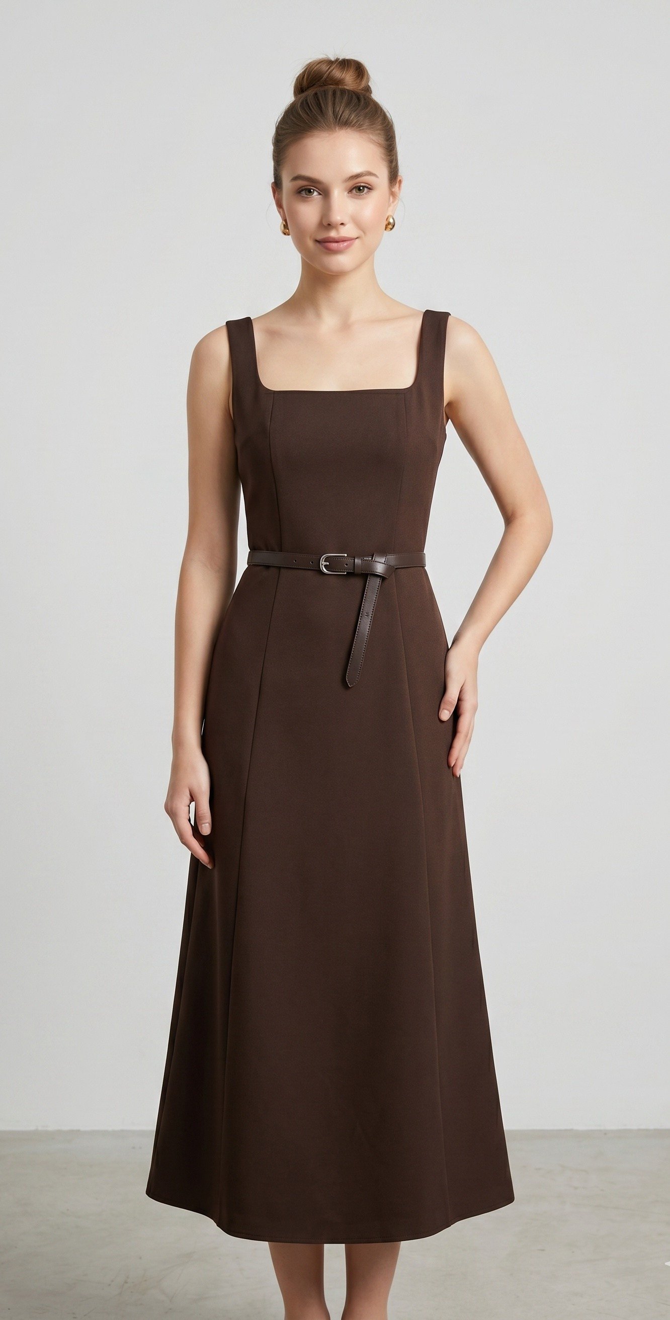 OLIVE-1021 KARE YAKA KEMER ELBİSE KAHVE