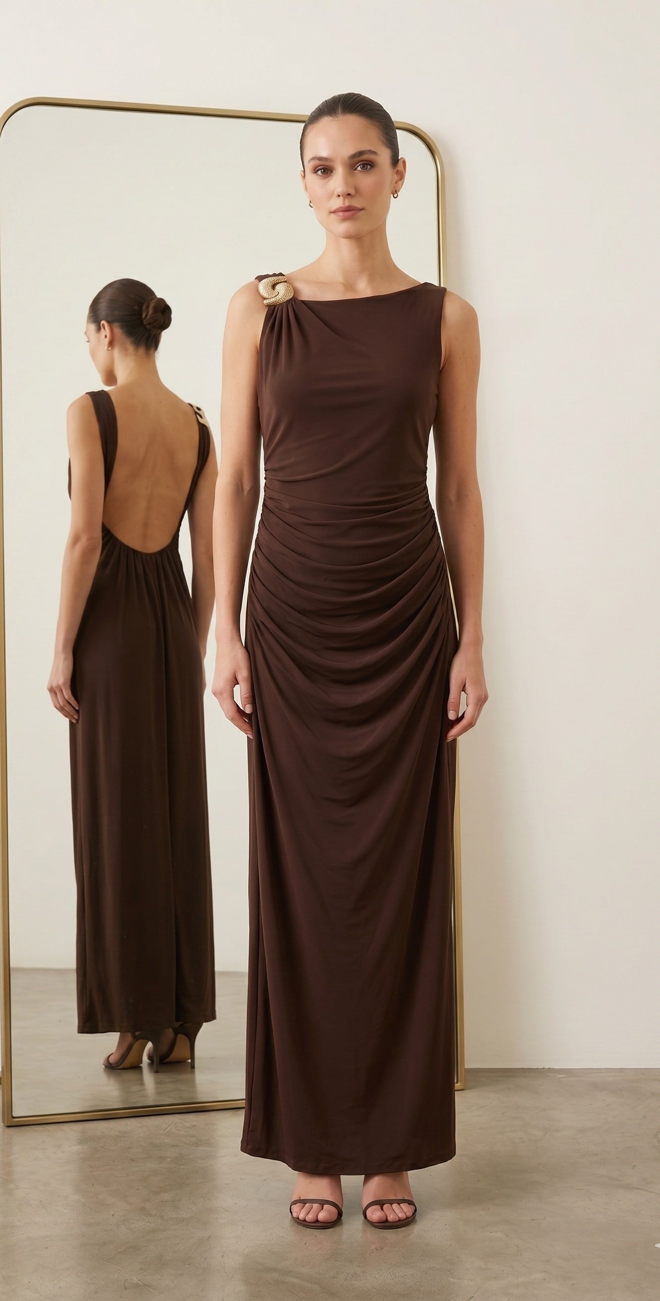OLIVE-14292 ÇAPRAZ TOKA ELBİSE KAHVE