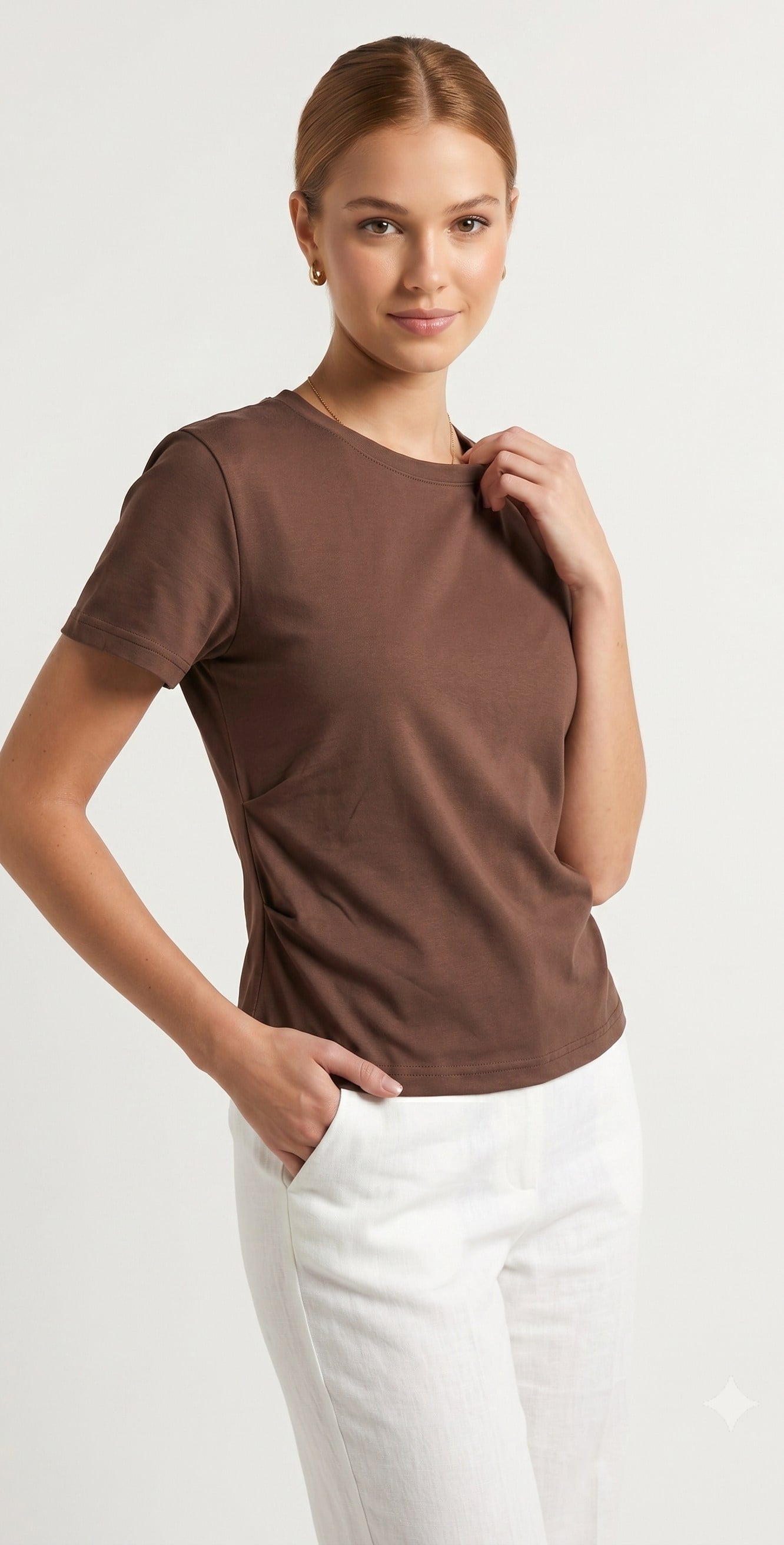 OLIVE-1584 BÜZGÜ KISA KOL TSHIRT KAHVE