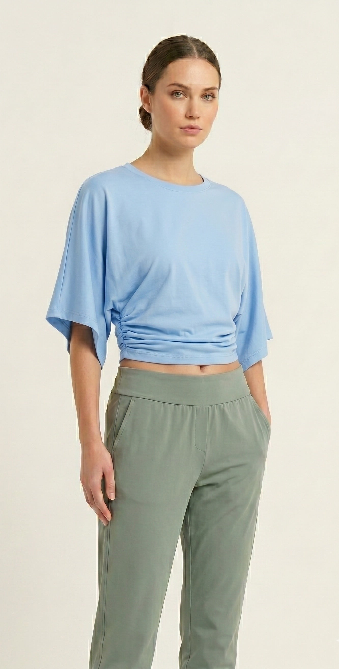 OLIVE-1587 YARASA KISA KOL BLUZ MAVİ