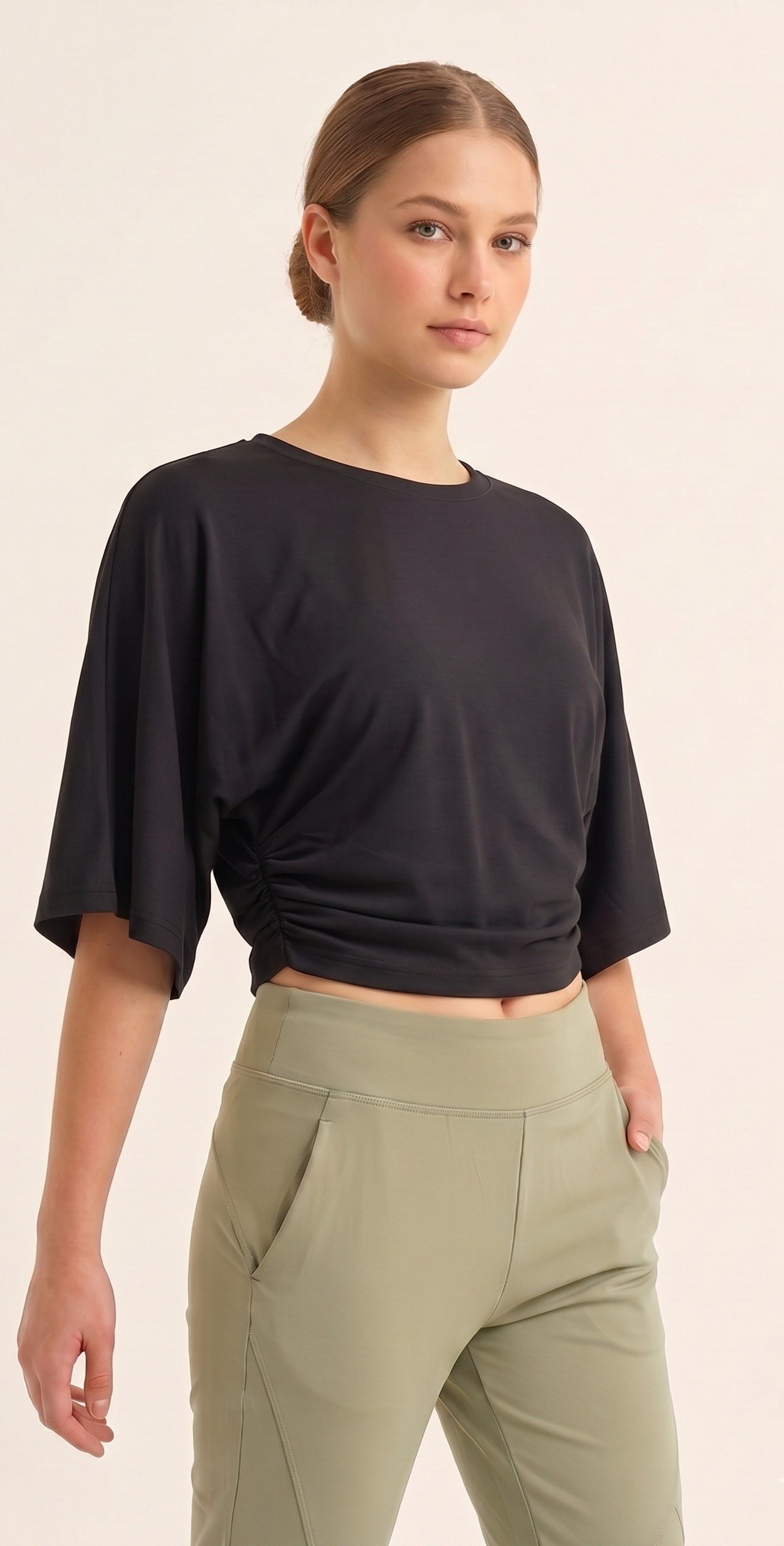 OLIVE-1587 YARASA KISA KOL BLUZ SİYAH