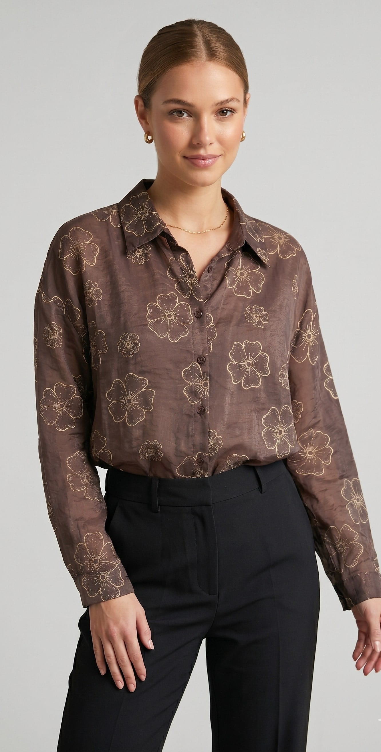 OLIVE-1600 ÇİÇEKLİ GÖMLEK KAHVE