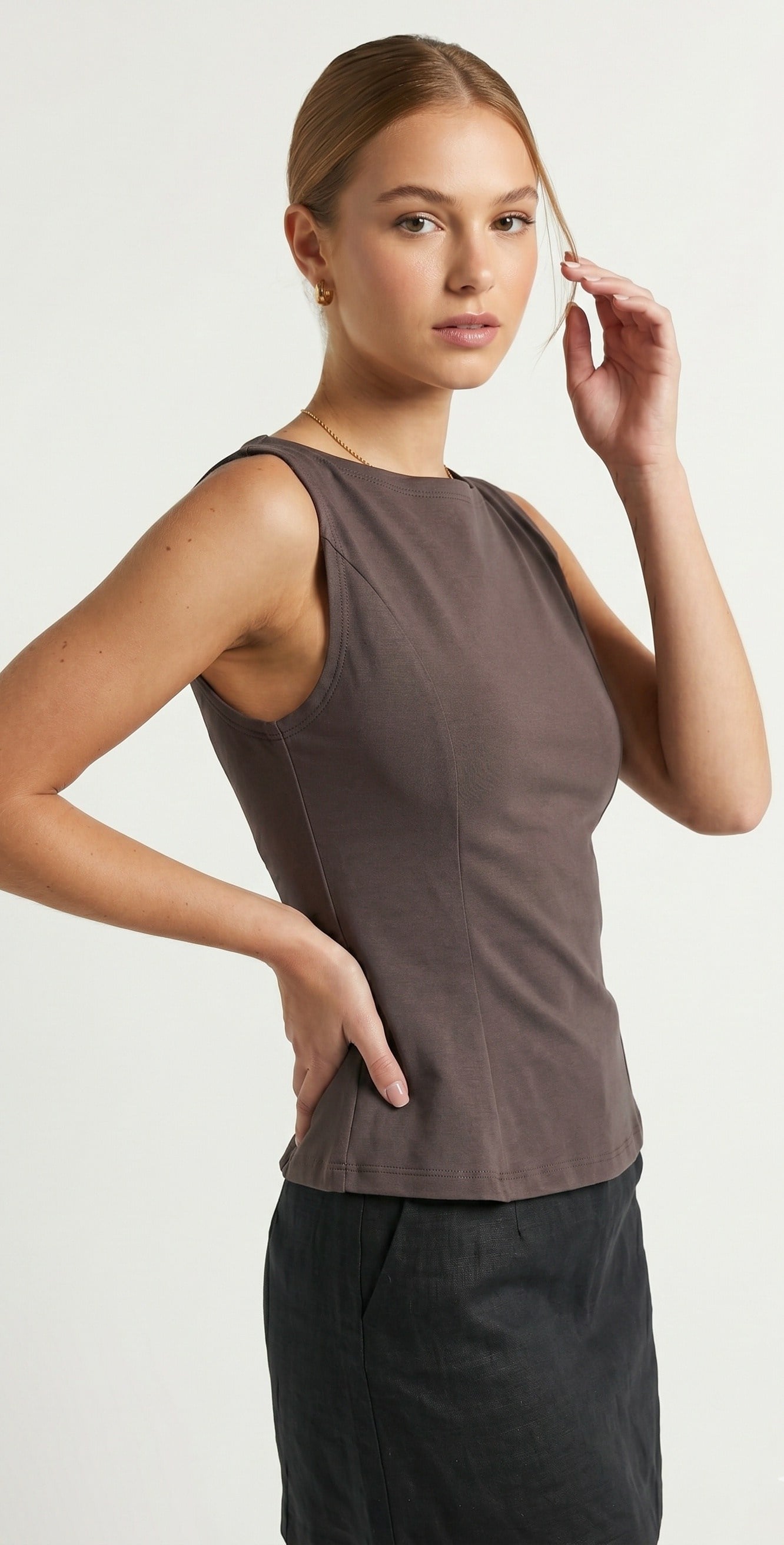 OLIVE-21001 PEPLUM TOP KAHVE