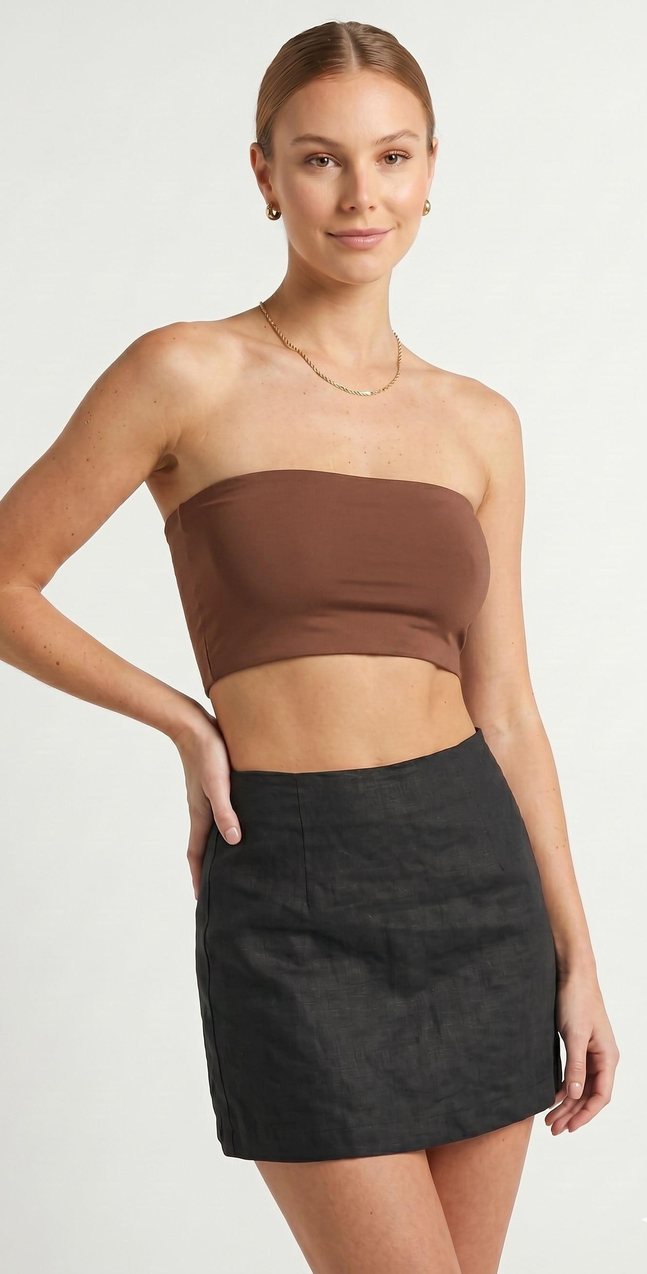 OLIVE-23369 STRAPLEZ CROP KAHVE