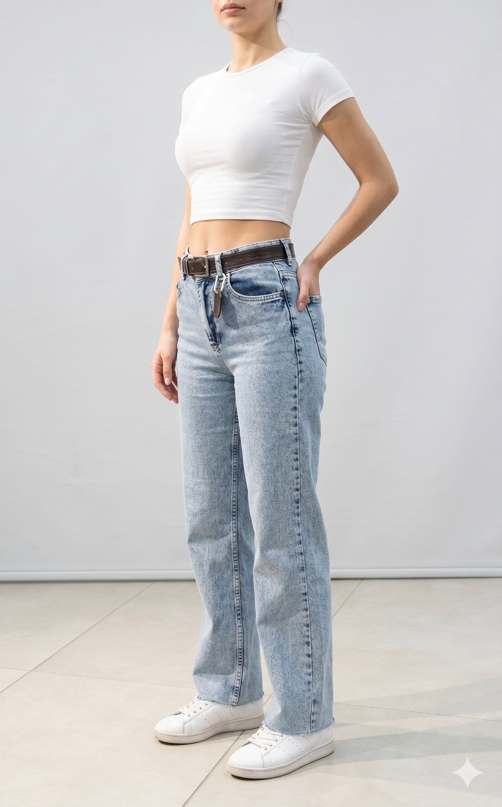 OLIVE-25433 KEMERLİ KESİK JEAN PANT. AÇIK MAVİ