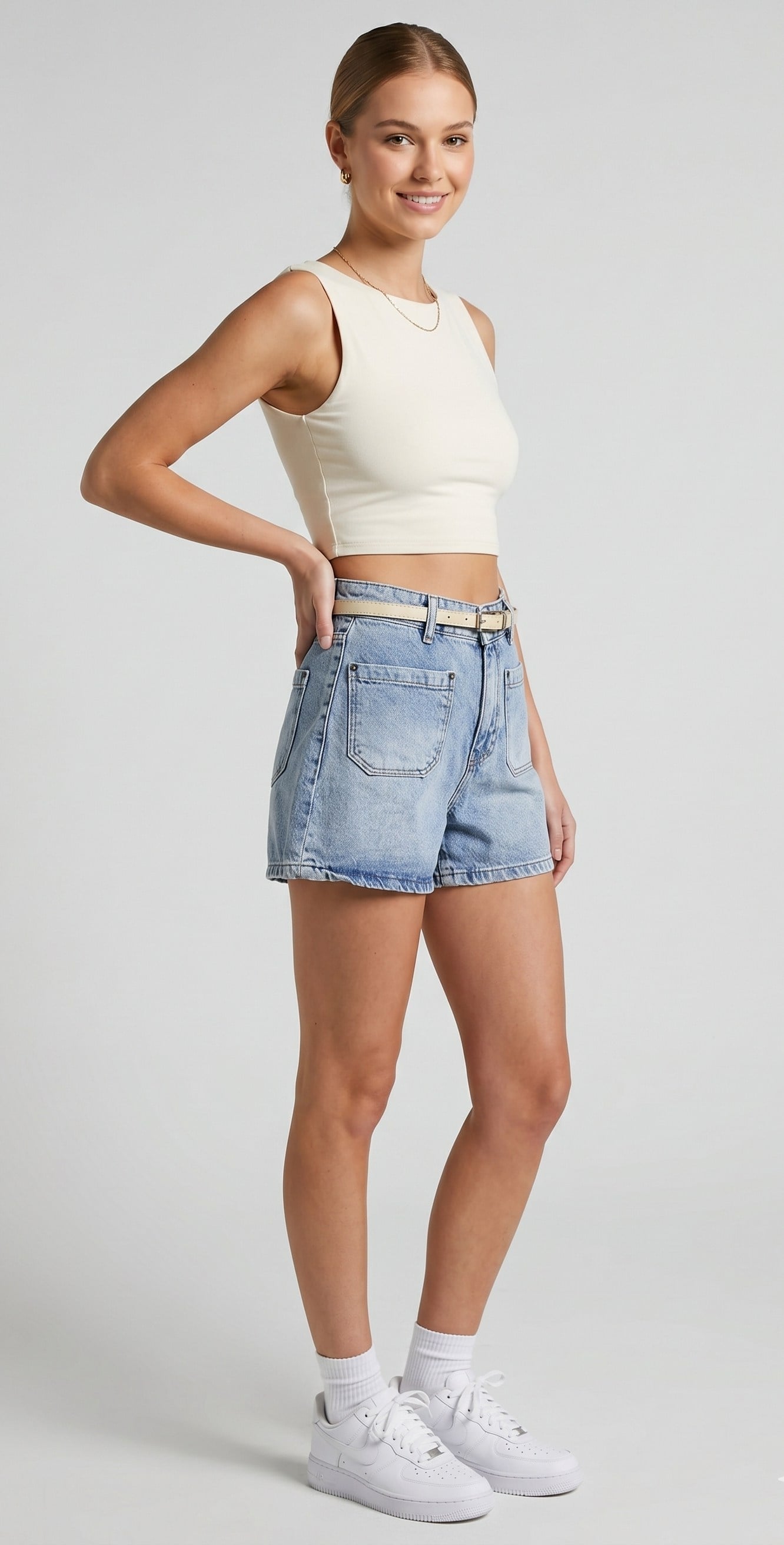 OLIVE-2613 KEMERLİ KOT ŞORT MAVİ