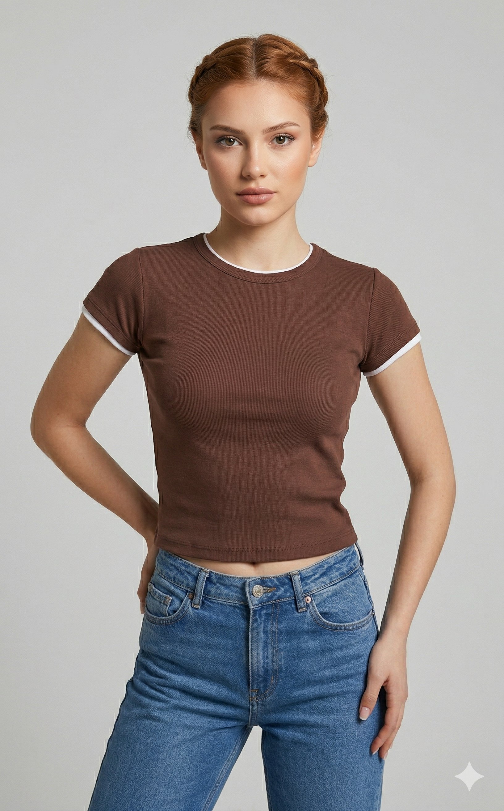 OLIVE-31750 KONTRAST TSHIRT AÇIK KAHVE