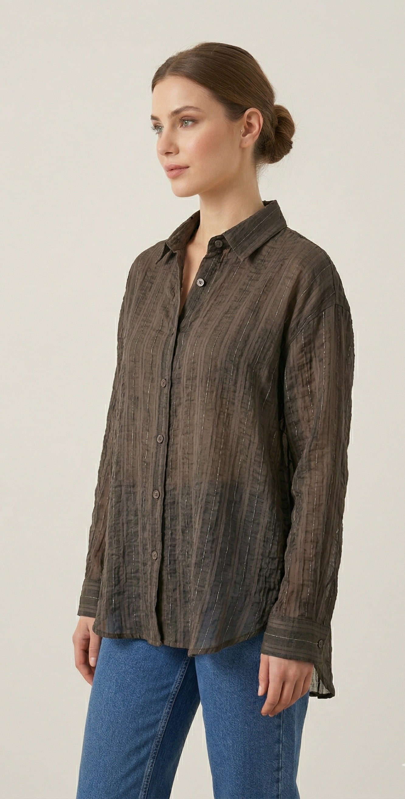 OLIVE-3225 OVERSIZE GÖMLEK KAHVE