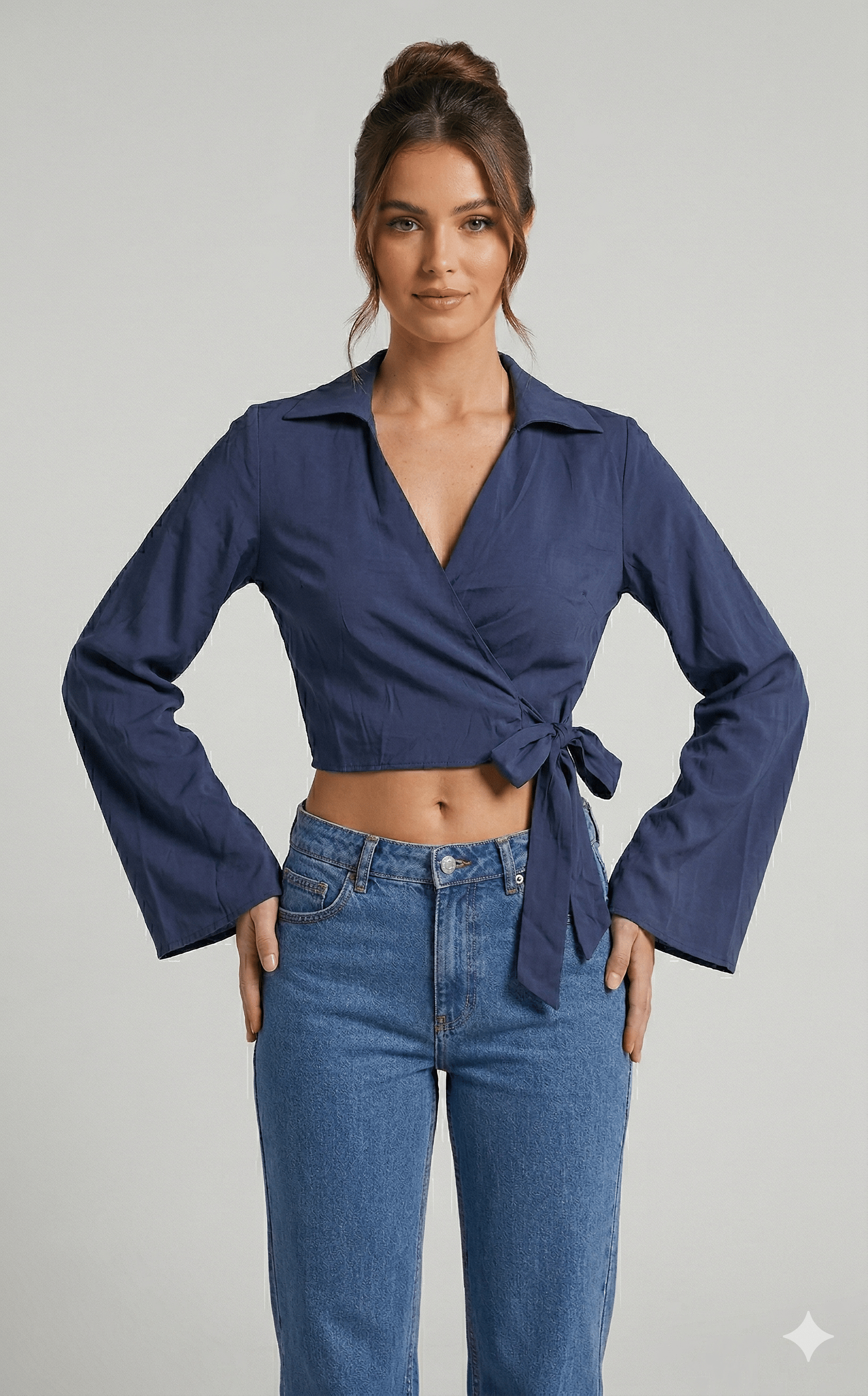 OLIVE-4227 MODAL CROP BAĞ GÖMLEK LACİVERT