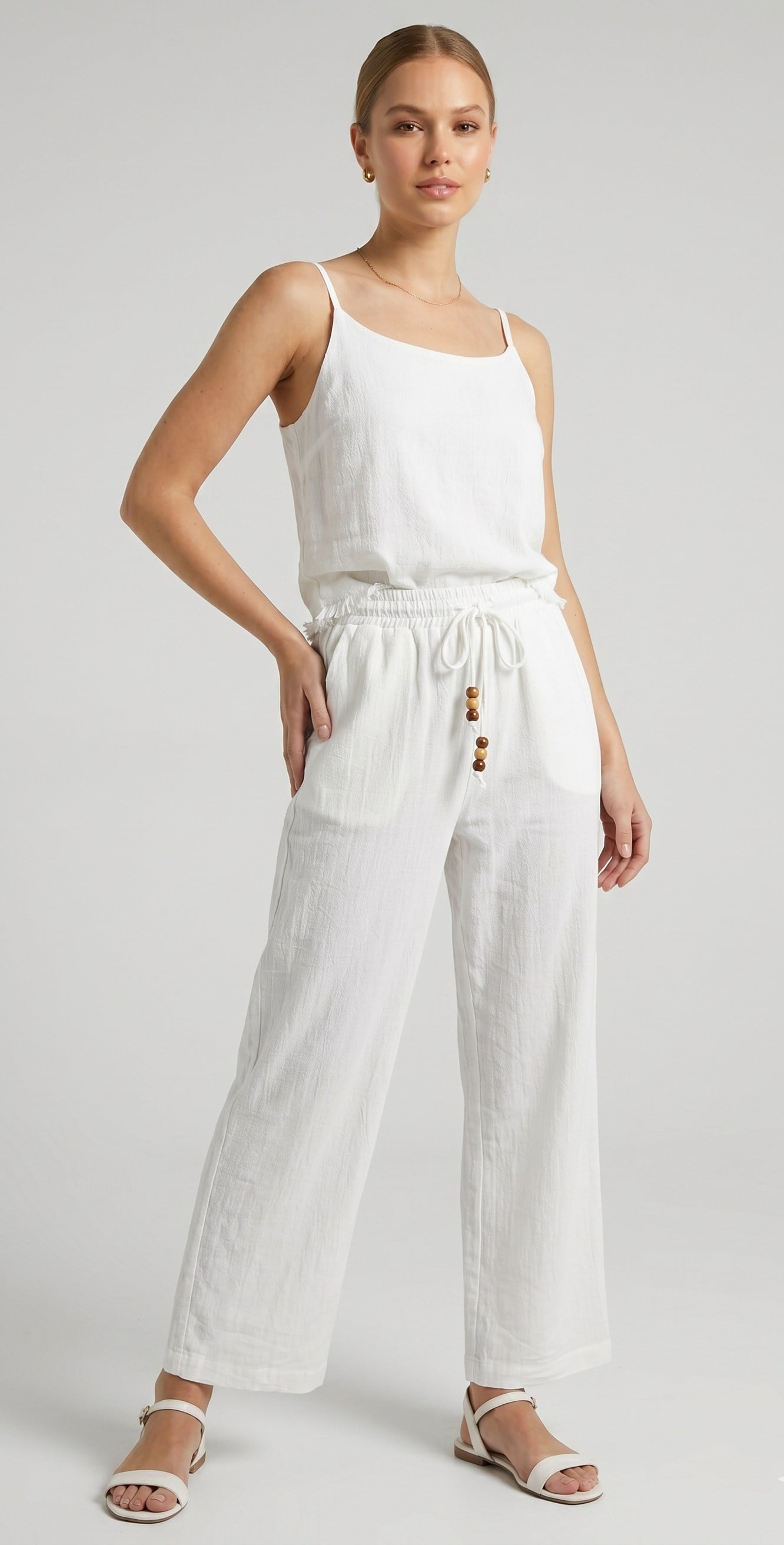 OLIVE-4284 KRINKL PANTOLON BEYAZ