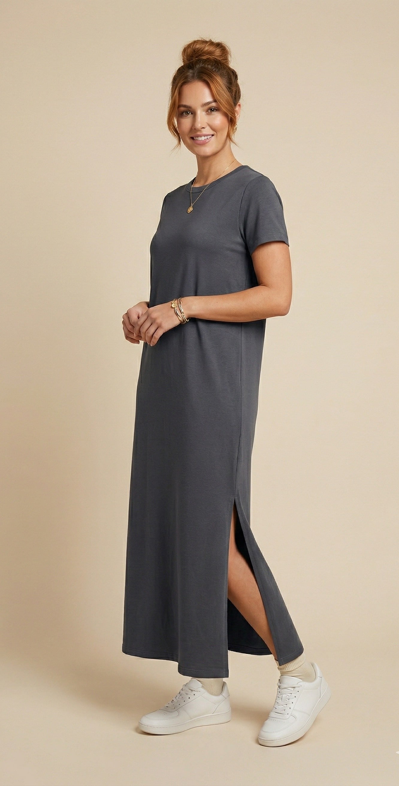OLIVE-4512 KISA KOL ELBİSE ANTRASİT