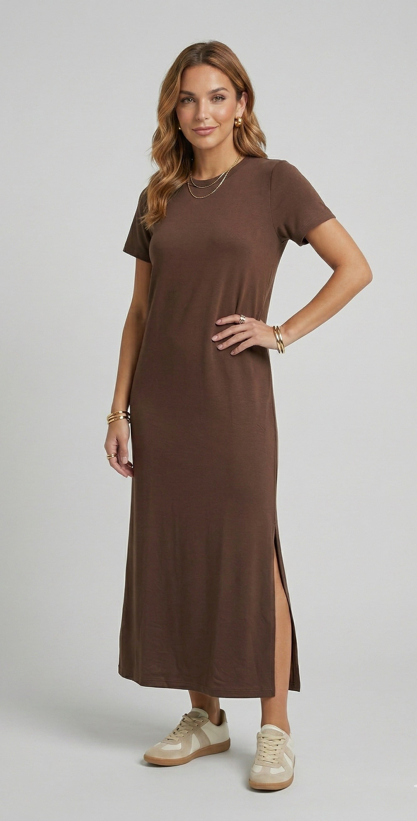 OLIVE-4512 KISA KOL ELBİSE KAHVE
