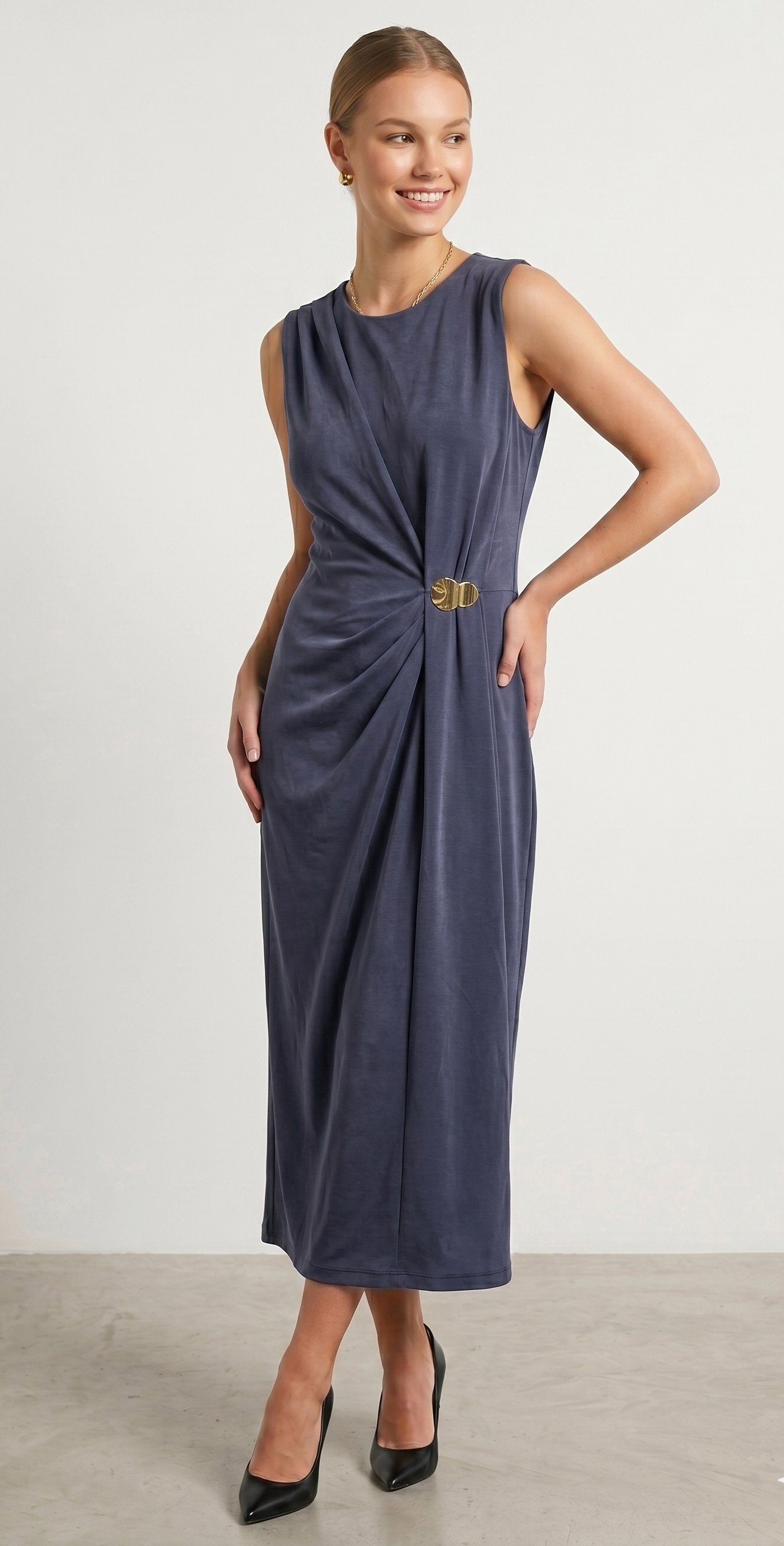 OLIVE-4750 MODAL TOKA ELBİSE LACİVERT