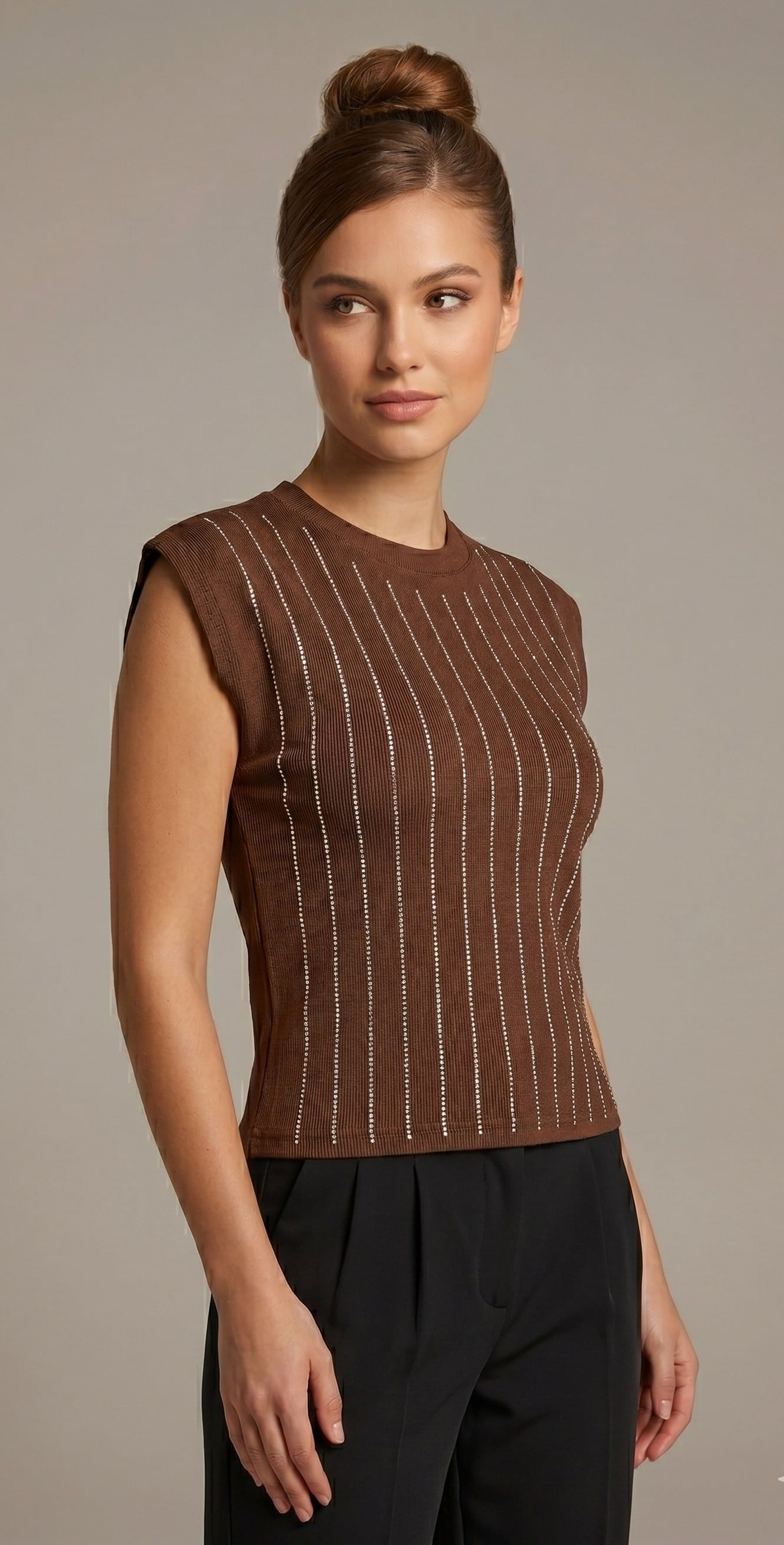 OLIVE-931 TAŞLI BLUZ KAHVE