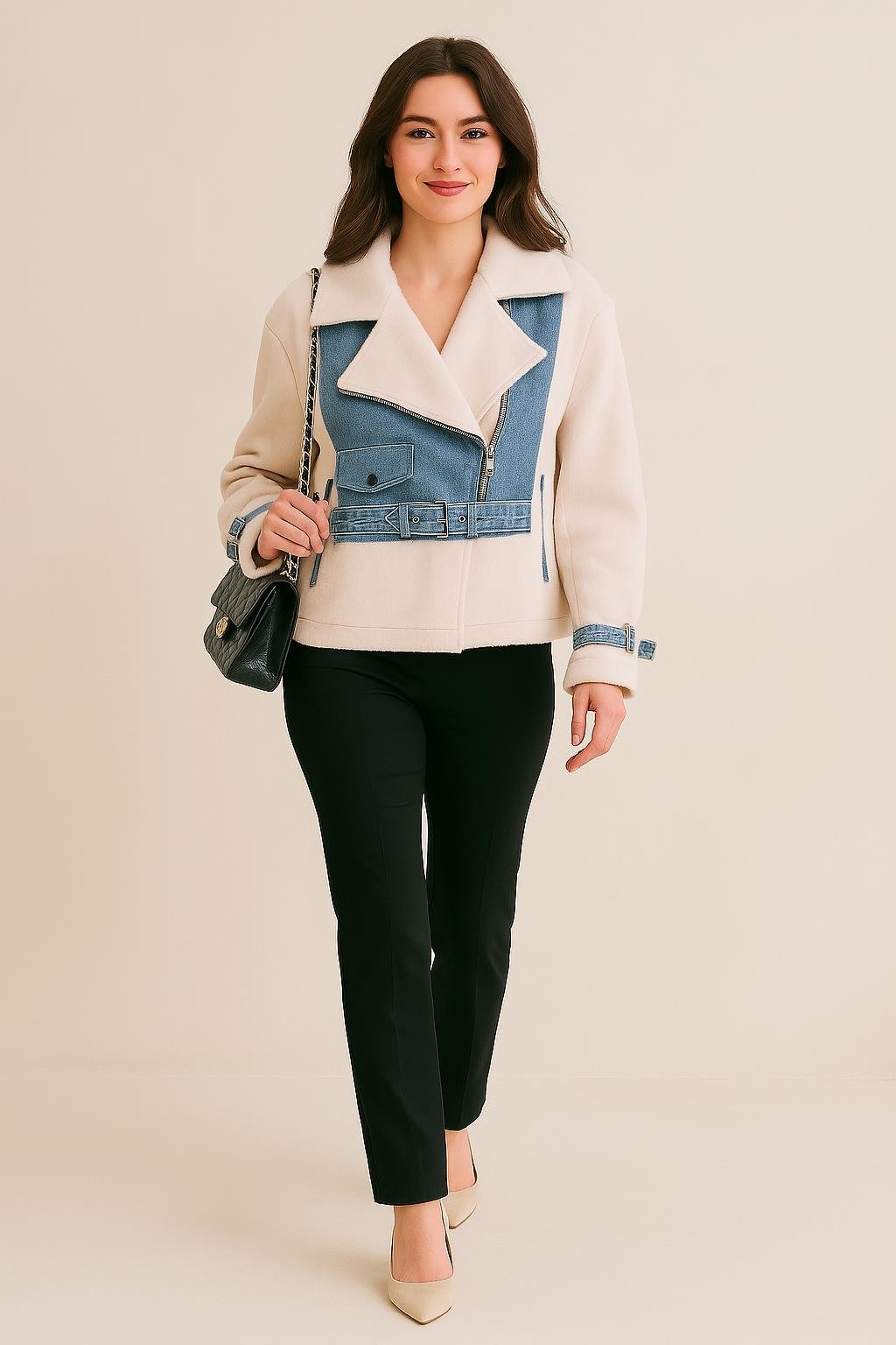Ekru Denim Detaylı Kısa Mont M4793 Bej