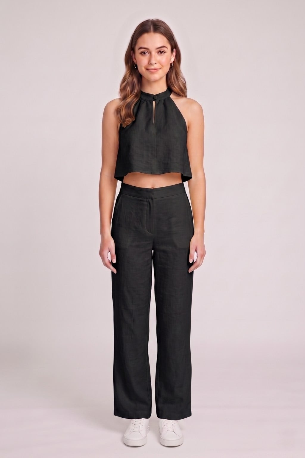 Kadın Crop Bluz Pantolon Takım M2774 Siyah