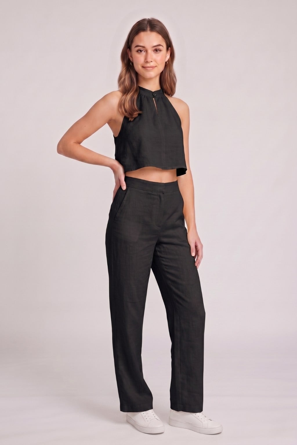 Kadın Crop Bluz Pantolon Takım M2774 Siyah