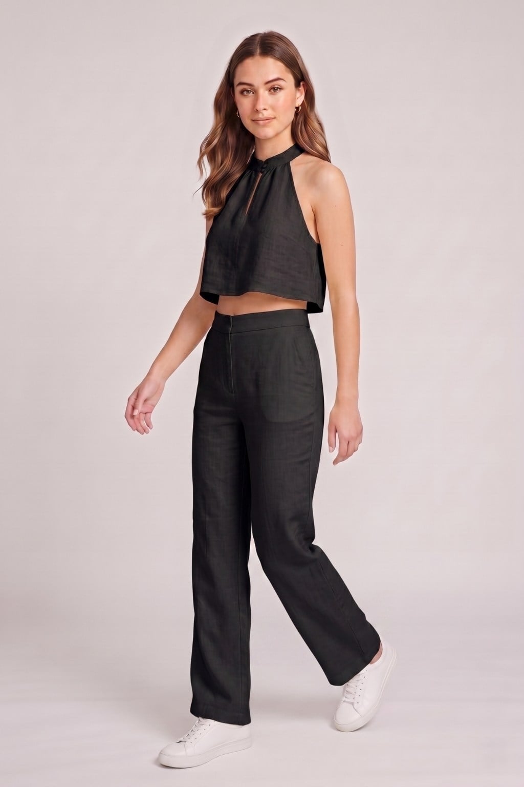 Kadın Crop Bluz Pantolon Takım M2774 Siyah