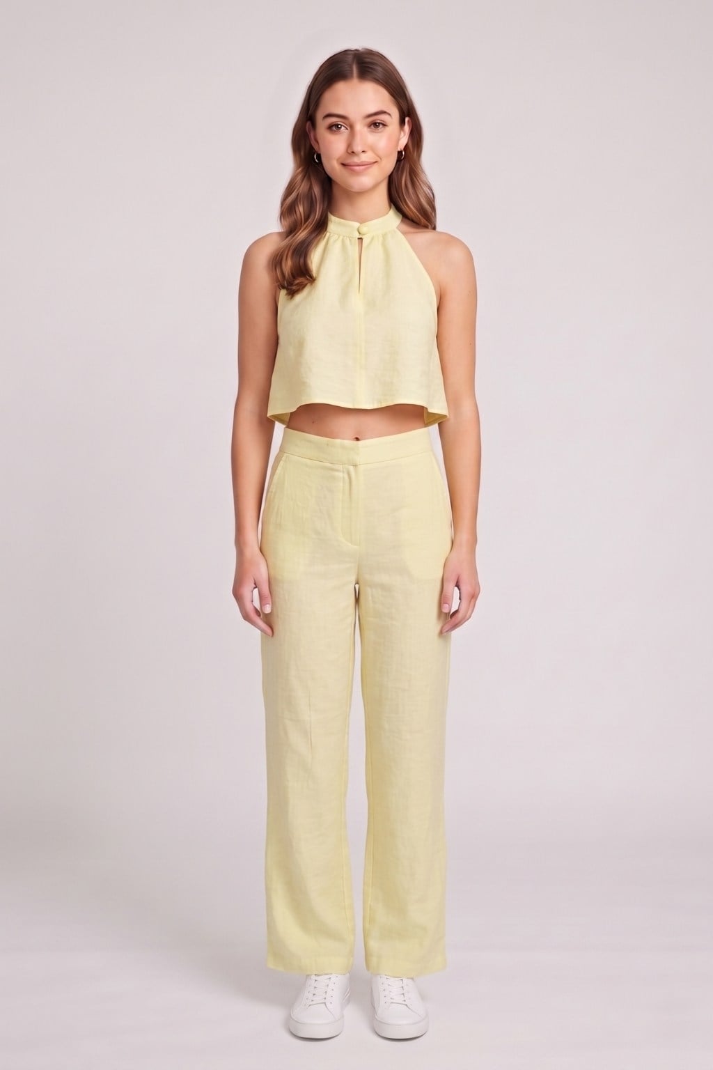 Kadın Crop Bluz Pantolon Takım M2774 Sarı