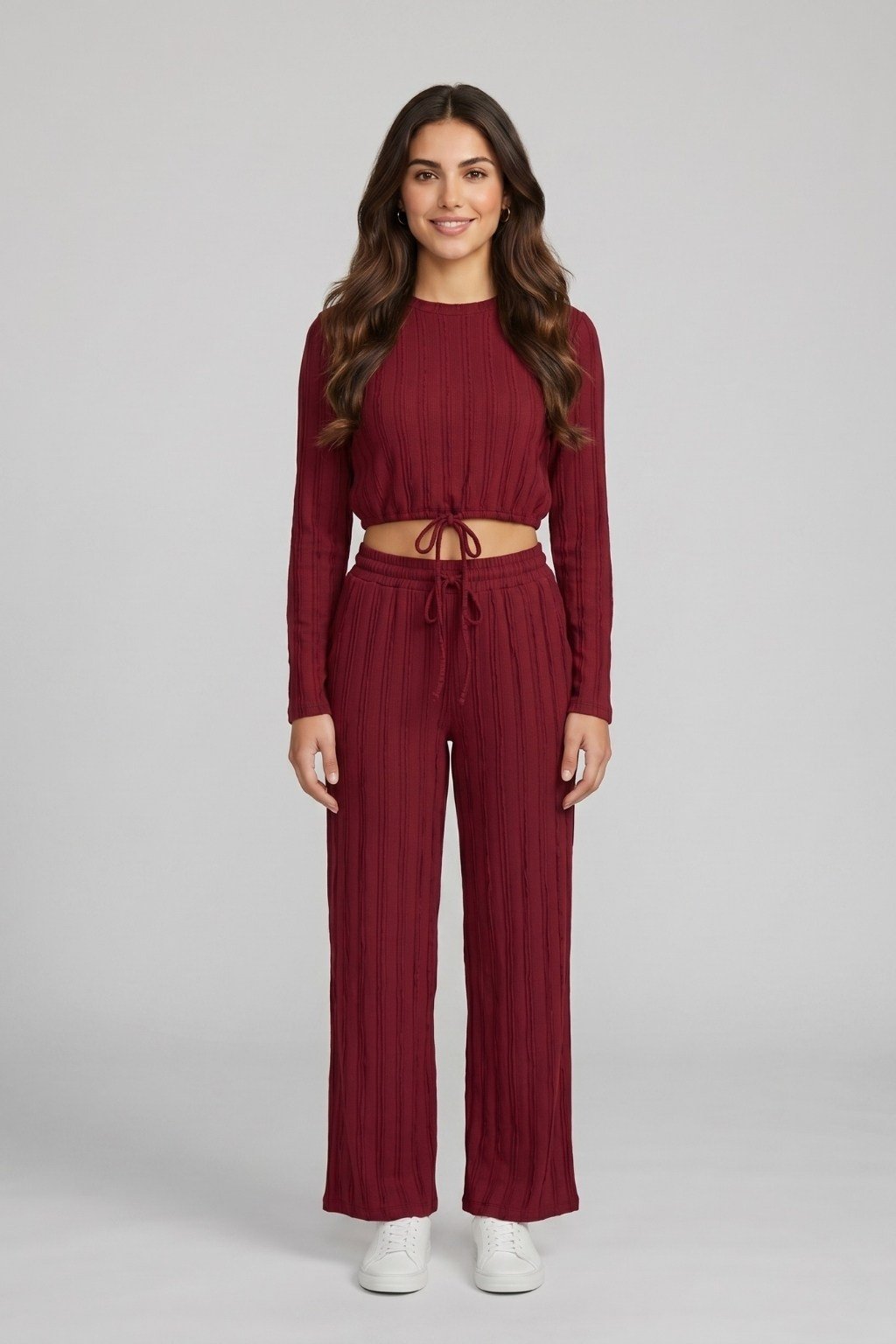 Kadın Crop Üst ve Bol Paça Pantolon Takımı M9315 Bordo