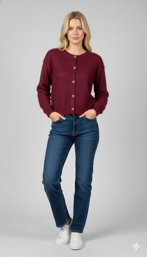 Kadın Düğmeli Yumuşak Triko Hırka M7361K26 Bordo