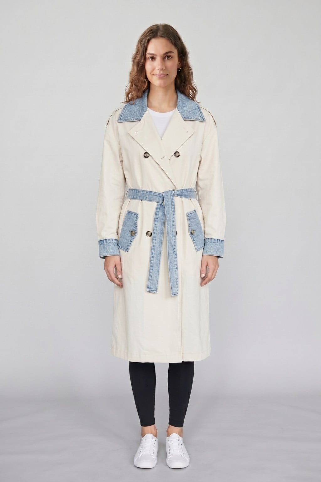 Kadın Krem Denim Detaylı Uzun Trençkot M87077 Taş