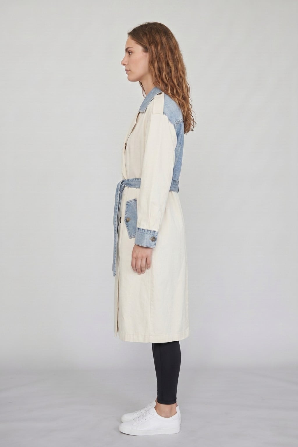 Kadın Krem Denim Detaylı Uzun Trençkot M87077 Taş