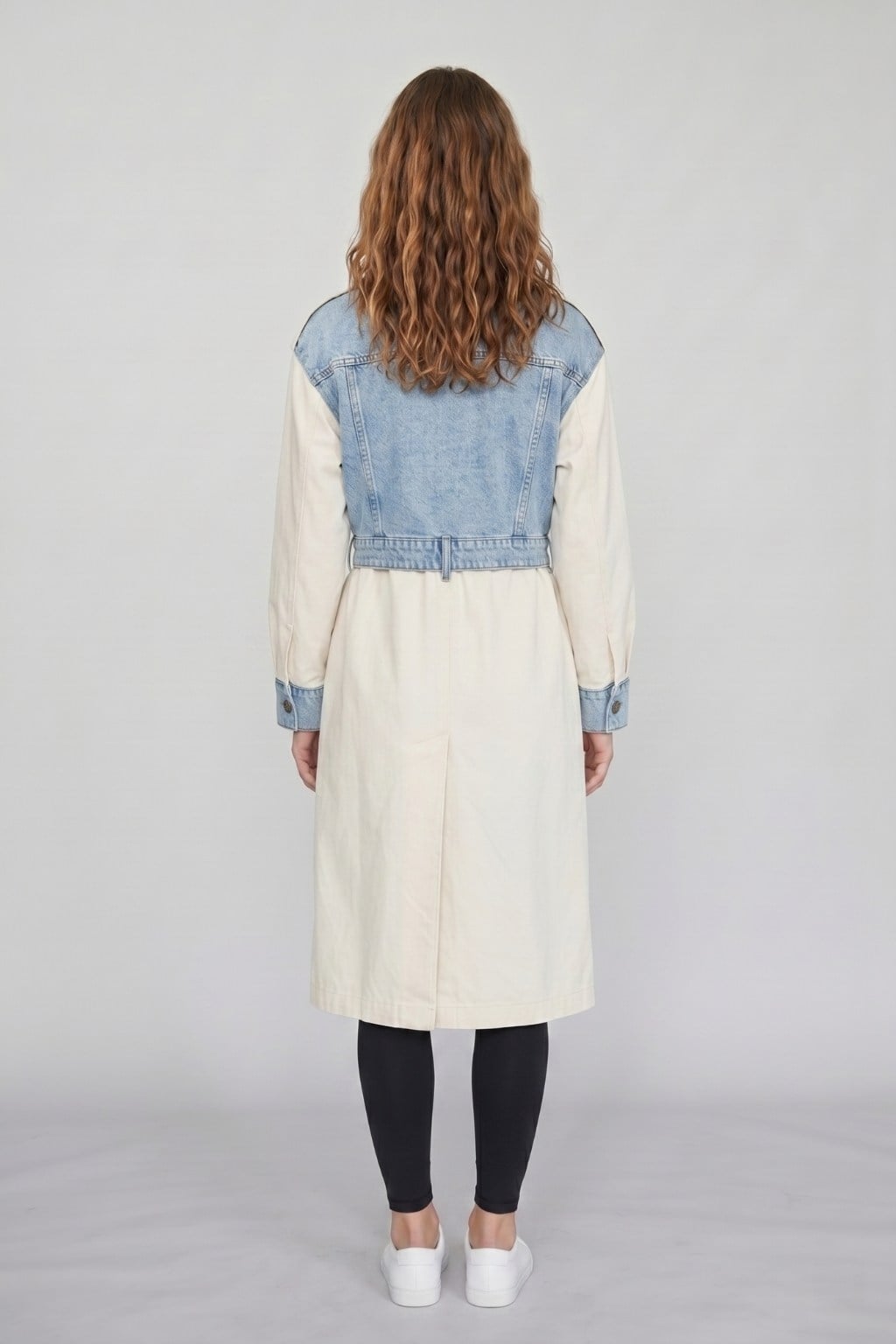 Kadın Krem Denim Detaylı Uzun Trençkot M87077 Taş