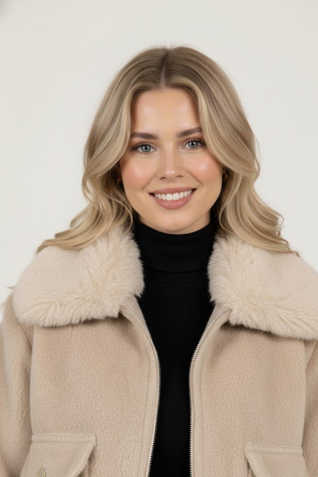Kadın Kürk Yaka Detaylı Kısa Fox Mont M4870 Camel