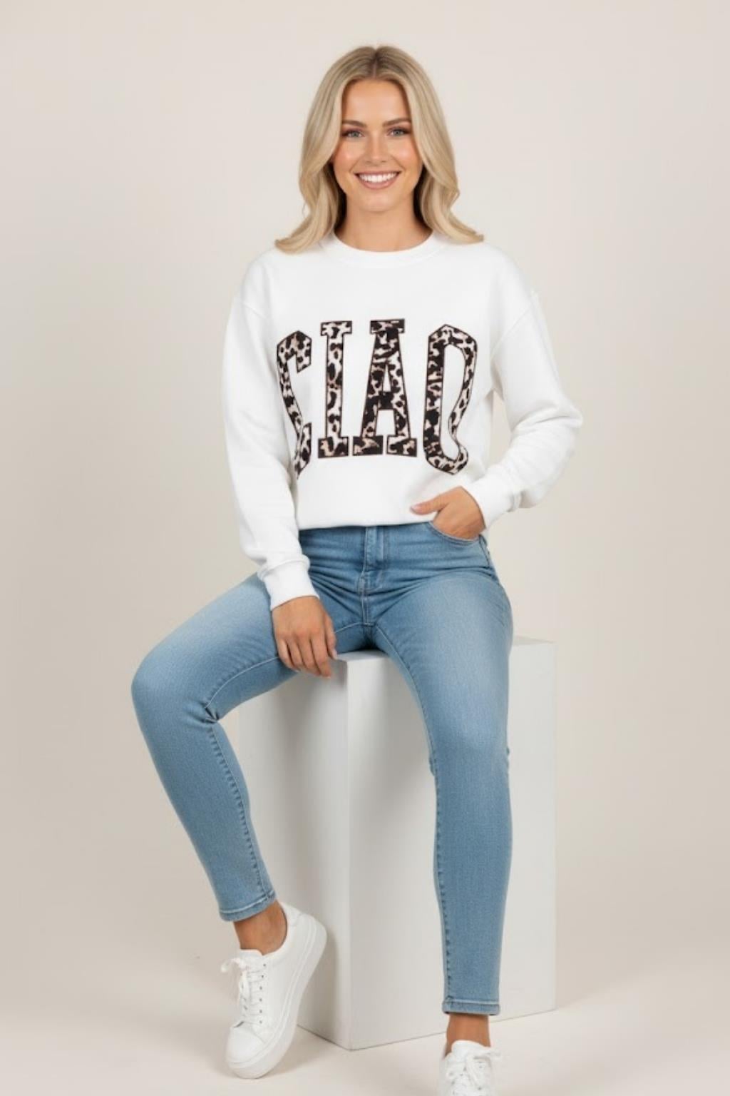 Kadın Leopar Baskılı Sweatshirt M2343 Beyaz