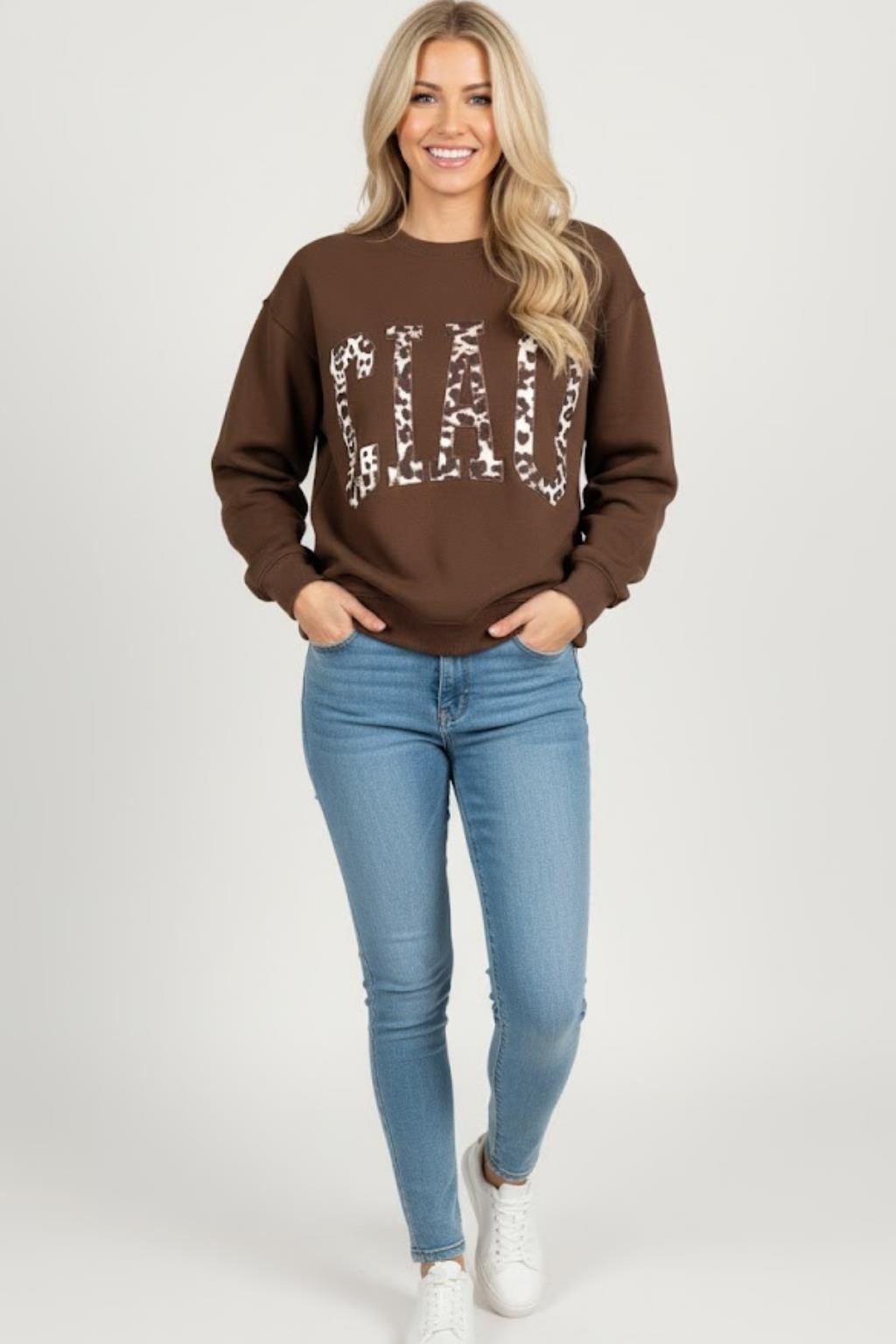 Kadın Leopar Baskılı Sweatshirt M2343 Kahve