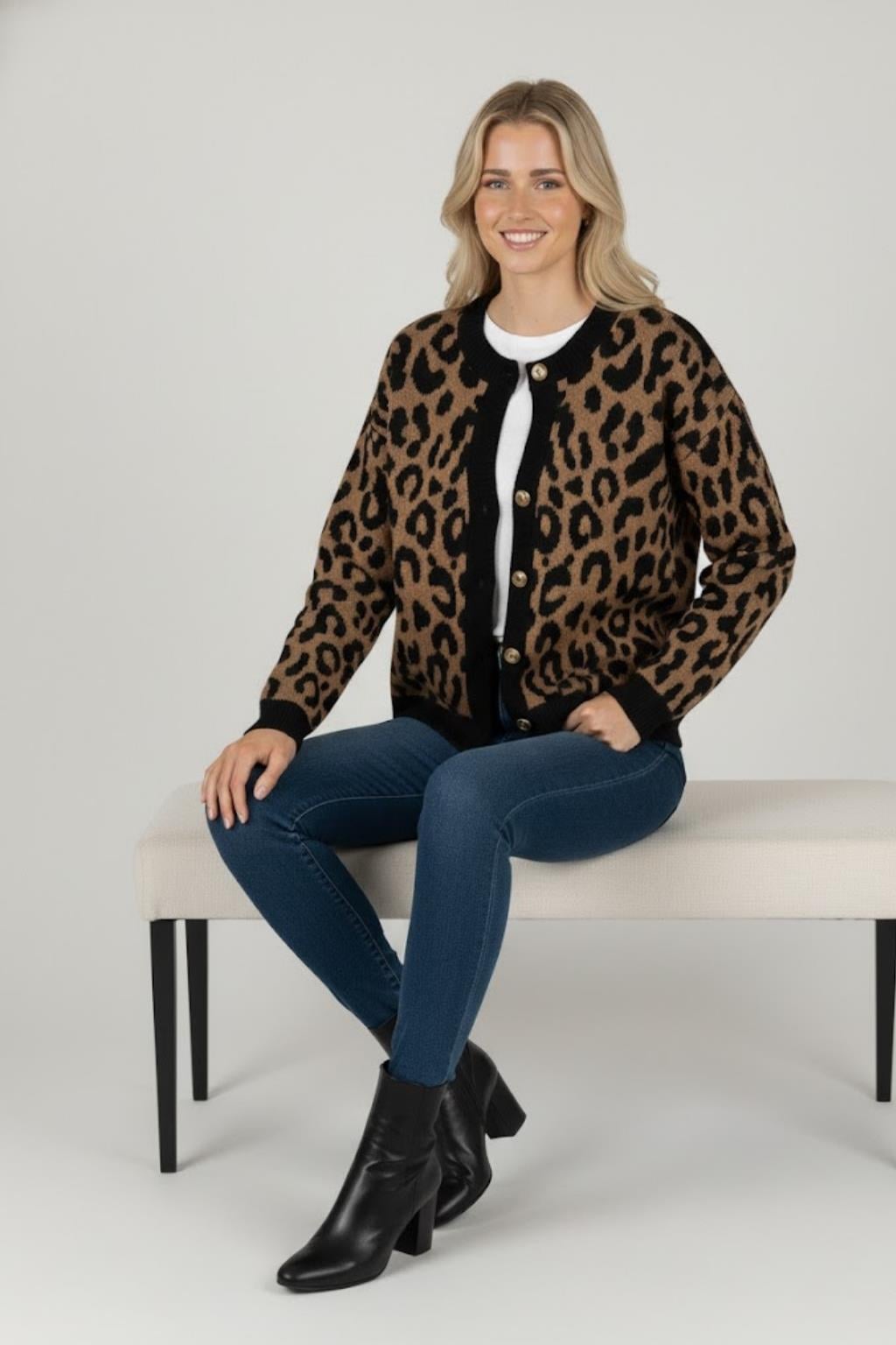 Kadın Leopar Desenli Triko Hırka M6729 Leopar