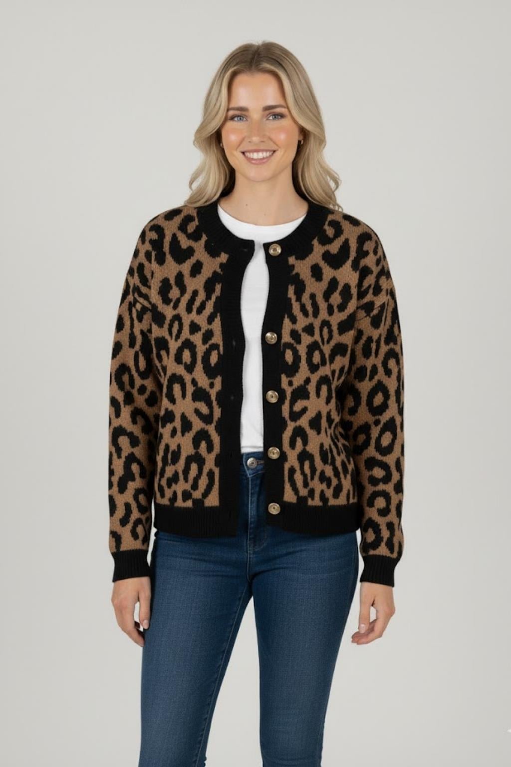 Kadın Leopar Desenli Triko Hırka M6729 Leopar