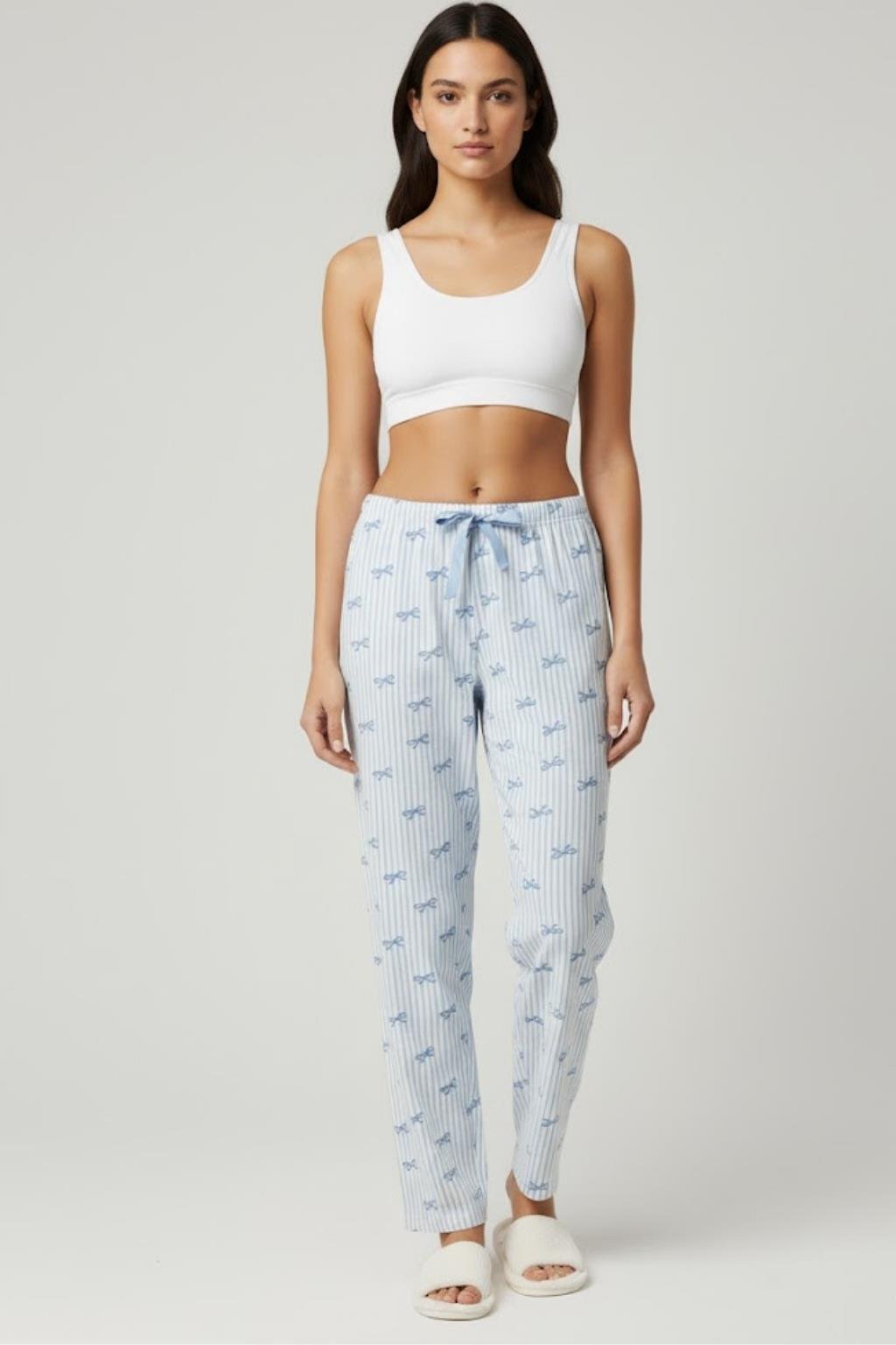Kadın Mavi Fiyonklu Çizgili Pijama Altı M4545 Mavi